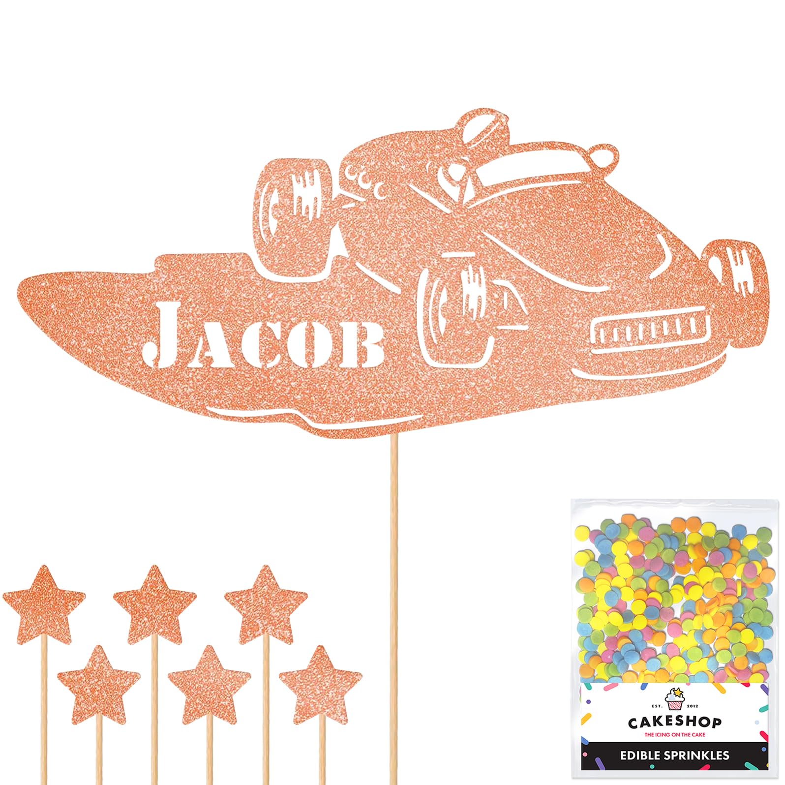 Personalised Classic Vintage Car Glitter Topper - Rose Gold Custom Name Glitter Cake Decoration and Sprinkles - Happy Birthday Decorations - Personalised Toppers for Cakes by Cakeshop