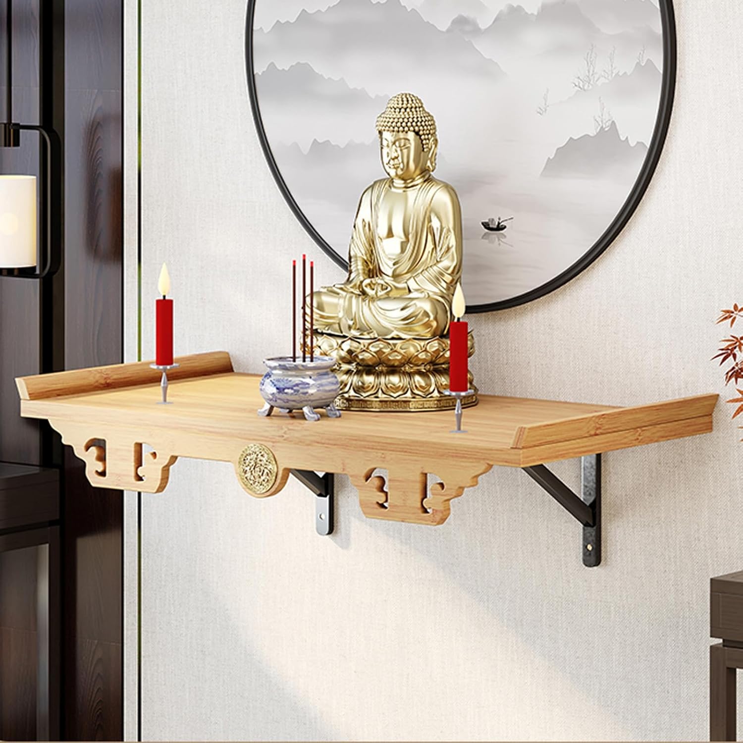 Wall-Mounted Altar Table, Prayer Meditation Table with Storage Tier and Auspicious Cloud Carving, Buddhist Prayer Altar Cabinet for Small Spaces(Brown,54x28cm/21.2x11in)