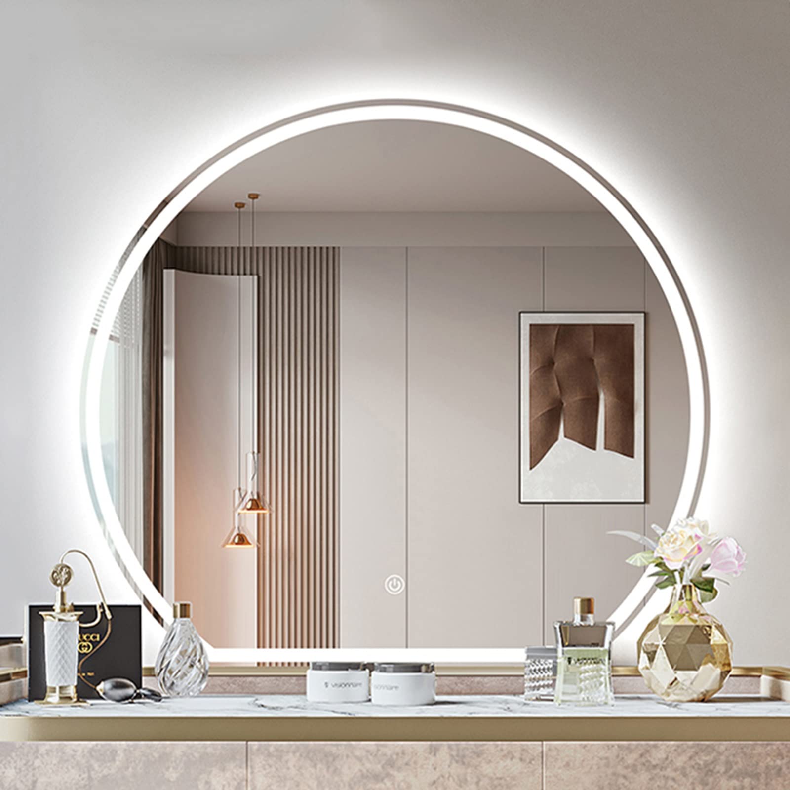 Specchio da parete semicircolare irregolare a LED, specchio da bagno senza cornice con 3000K/4000K/6000K regolabile, pulsante Smart Touch, specchio per trucco illuminato dimmerabile continuo