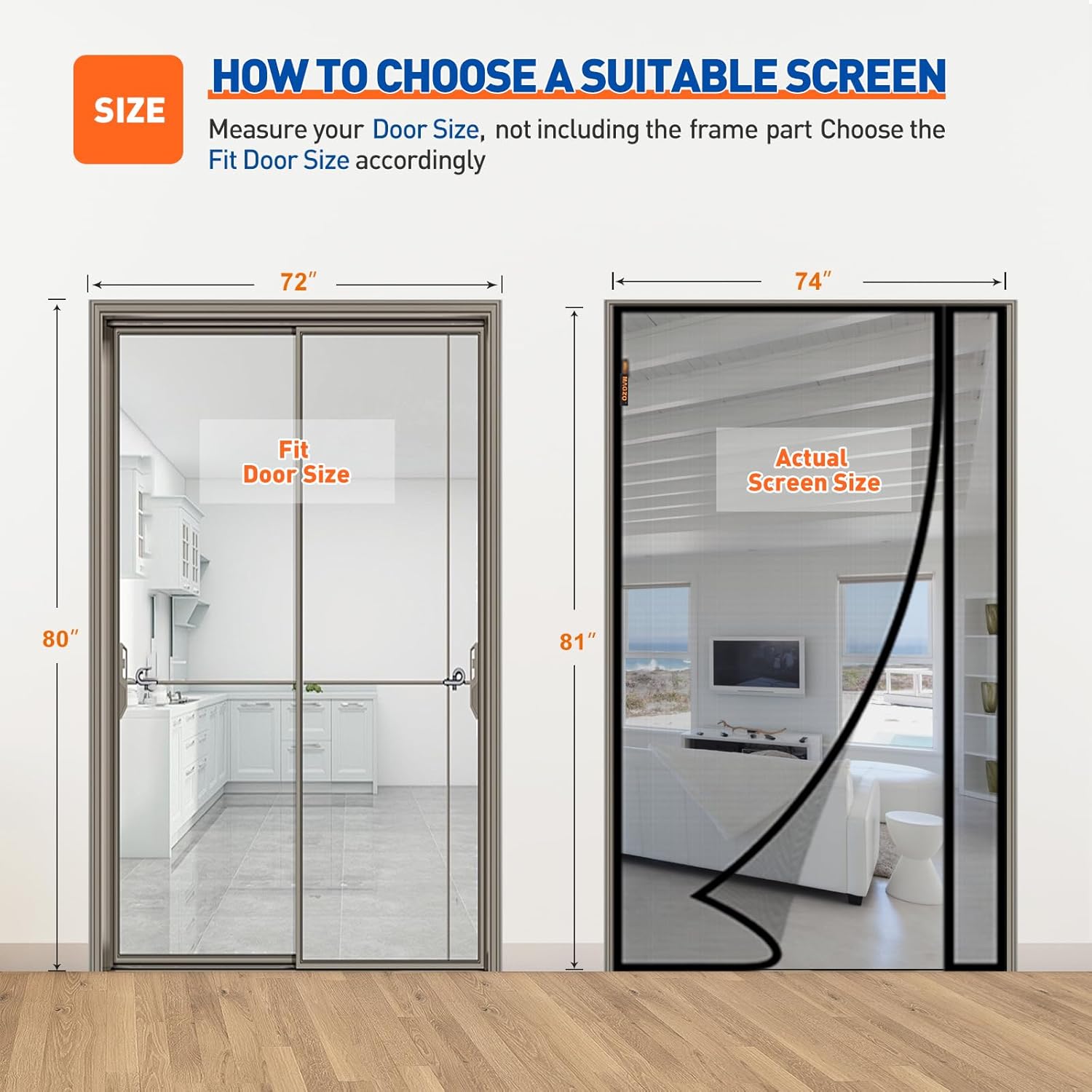 MAGZO Magnetic Screen Door Side Opening, Fits Door Size 72 x 80 Inch, Actual Mesh Size 74" x 81", Fiberglass Net Screen with Strong Magnet for Doorway, Gray