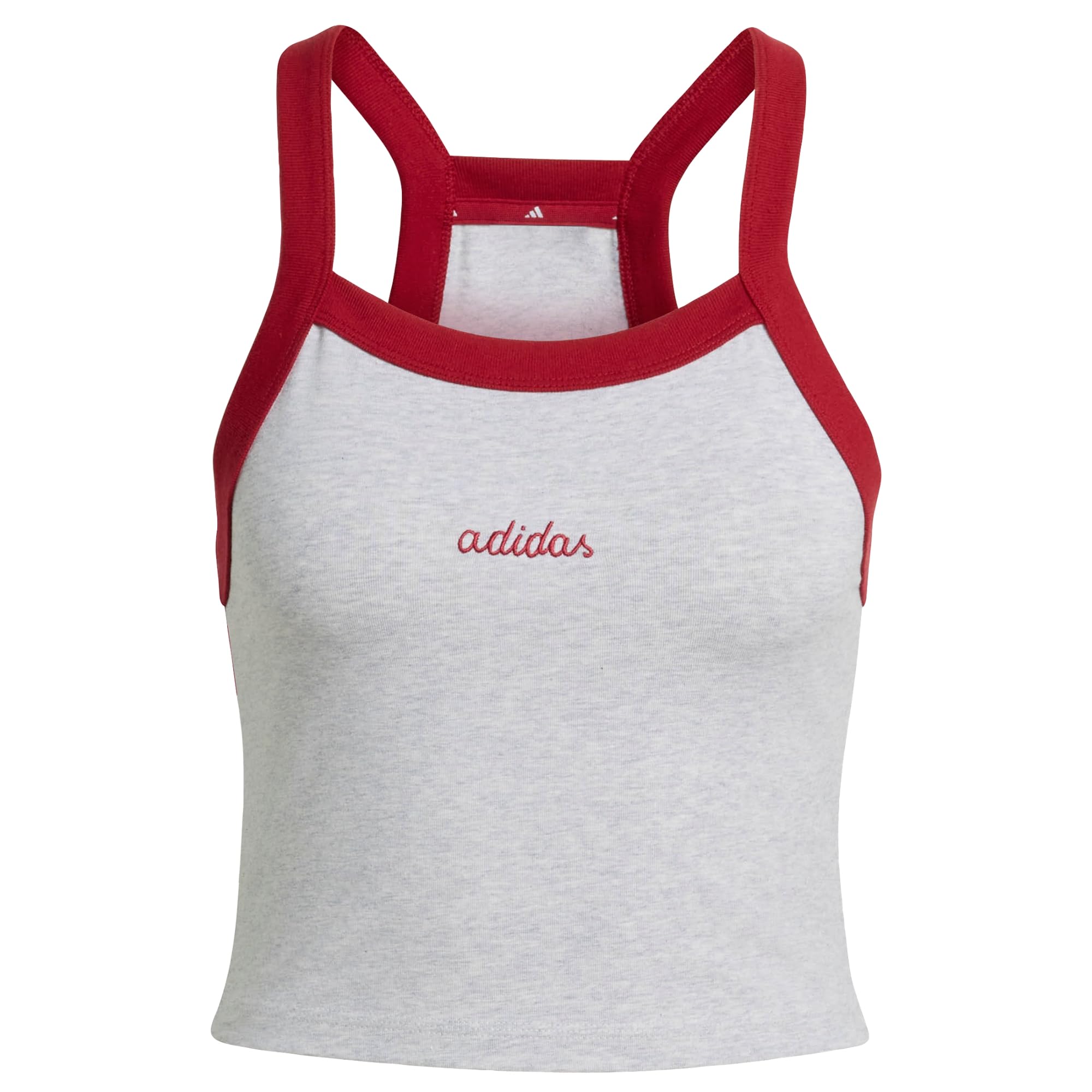 adidas Women's Seasonal Essentials Colorpop Tank with Embroidered Graphic, Light Grey Heather/Active Maroon, XXL