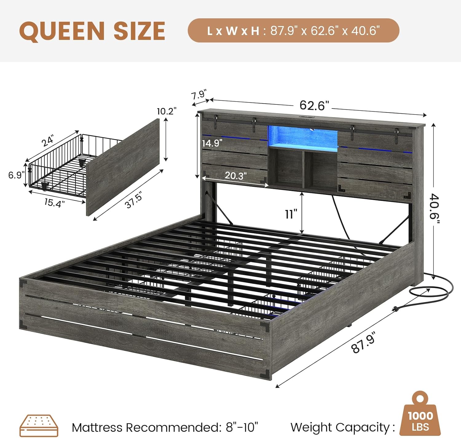 VIAGDO Wooden Bed Frame Queen Size with Bookcase Headboard and Sliding Barn Door, Farmhouse Queen Bed Frame with Charging Station, LED Lights and 4 Storage Drawers, No Box Spring Needed, Grey