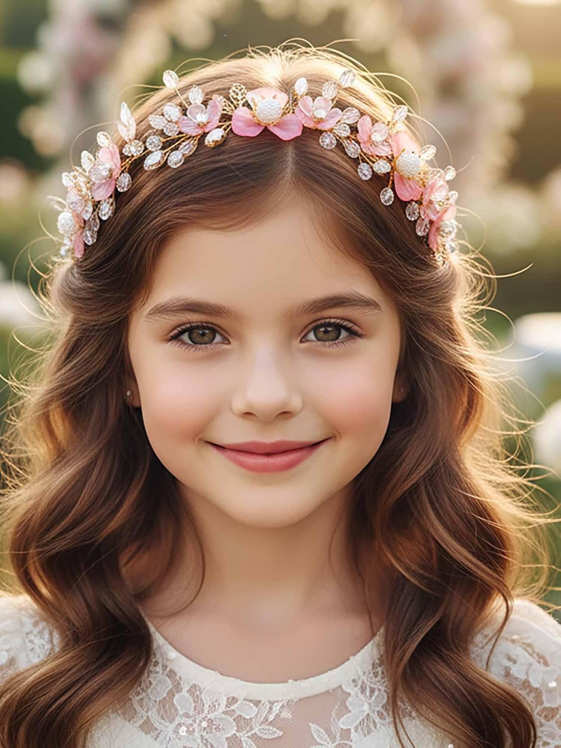 Woeoe Pink Flower Girl Headpiece, Bridal Leaf Headband, Wedding Hair Accessories for Girls - Image 5