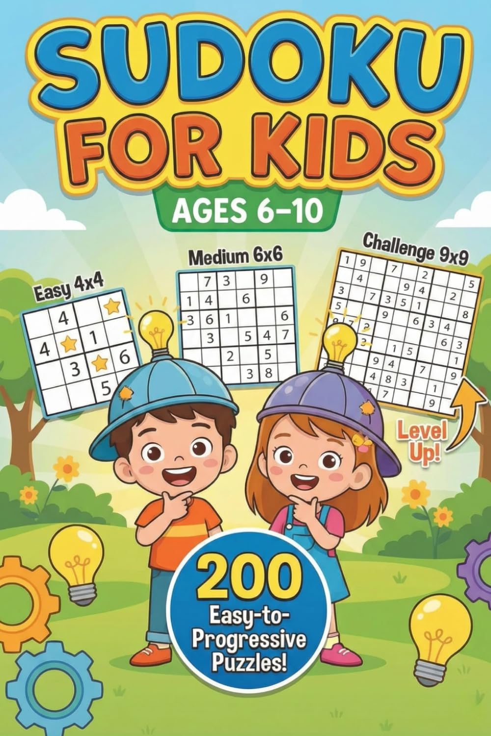 Sudoku for Kids Ages 6–10: 200 Easy-to-Progressive Puzzles (4x4, 6x6 & 9x9) — Beginner Logic Activity Book with Solutions
