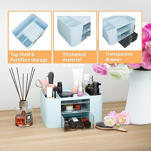 Miniatura 5 de Organizador de escritorio con 2 cajones, soporte multifuncional para lápices, organizadores de escritorio de plástico y almacenamiento con 5