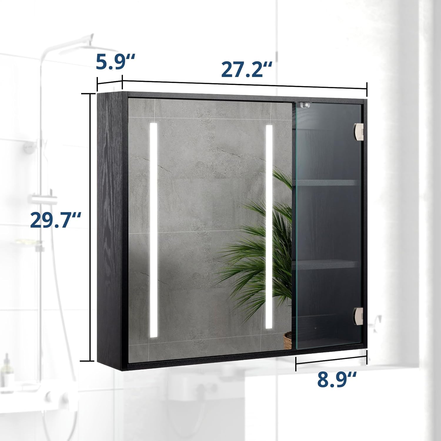 ALIMORDEN Medicine Cabinet with LED Lighted, Bathroom Wall Cabinet with Glass Door, 2 Doors Wall Mounted Bathroom Mirror, Recessed or Surface Mount, Morden Black(Cubic 30 x 27.2) Black With Led