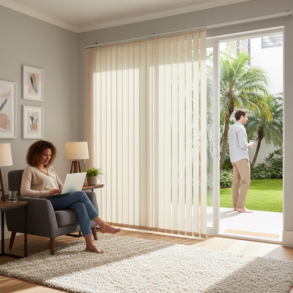 Vertical Window Blinds, Cordless Blackout Window Blinds & Shades 38" 56" 64" 72" 85" 98" Light Filtering Fabric Vertical Shades for Sliding Glass Doors, Patio Doors, Large Windows(White)