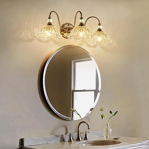 Miniatura 8 de Lámpara de tocador de baño de 3 luces de níquel cepillado con pantallas de vidrio transparente floral, iluminación de montaje en pared de níquel