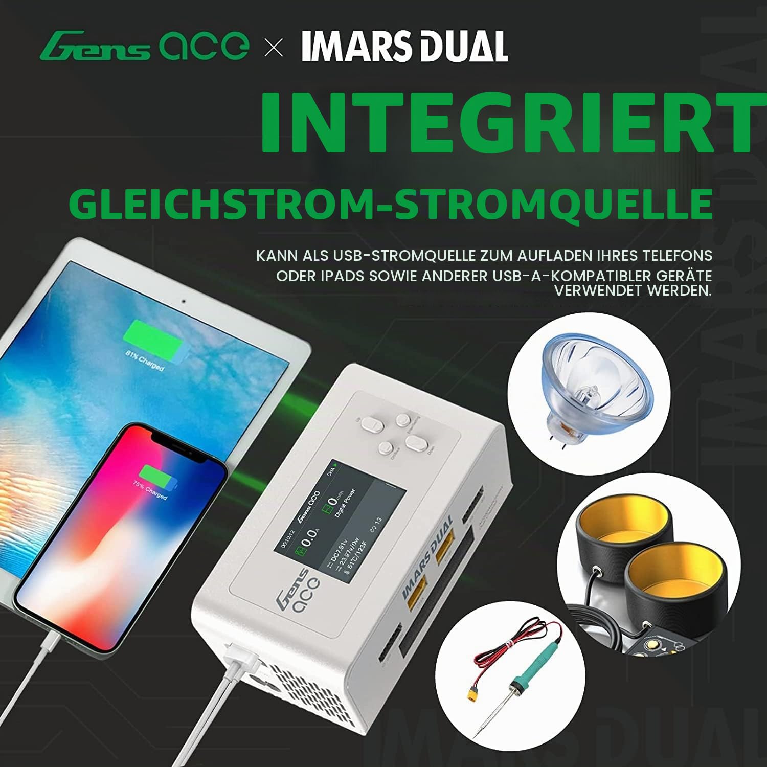 GensAce Ladegerät Imars Dual Channel AC200W/DC300Wx2 Balance Akkupack Ladegerät für Akku,mit Deans T XT60 EC3 EC5 Stecker für RC Akku Batterien(Weiße Farbe)