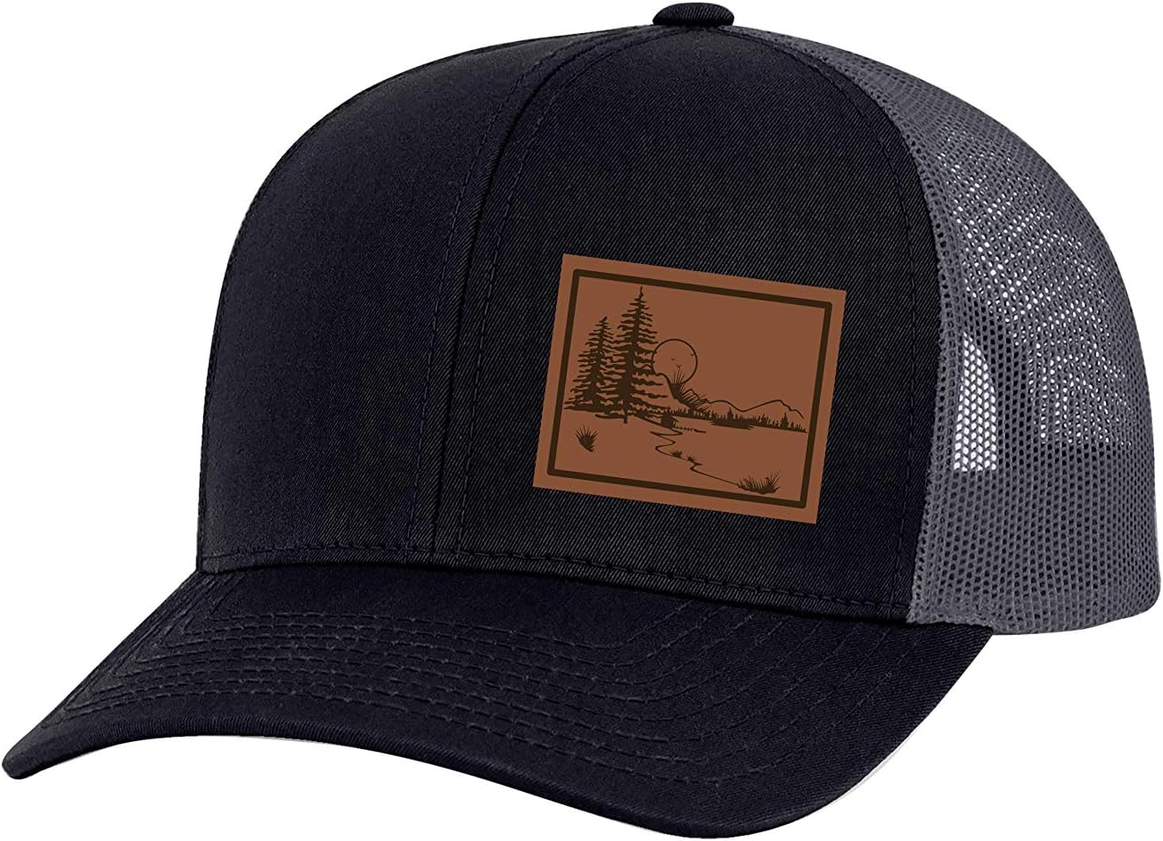 Trenz Shirt Company Men's Scenic Mountain View Outoors Laser Engraved Leather Patch Mesh Back Trucker Hat