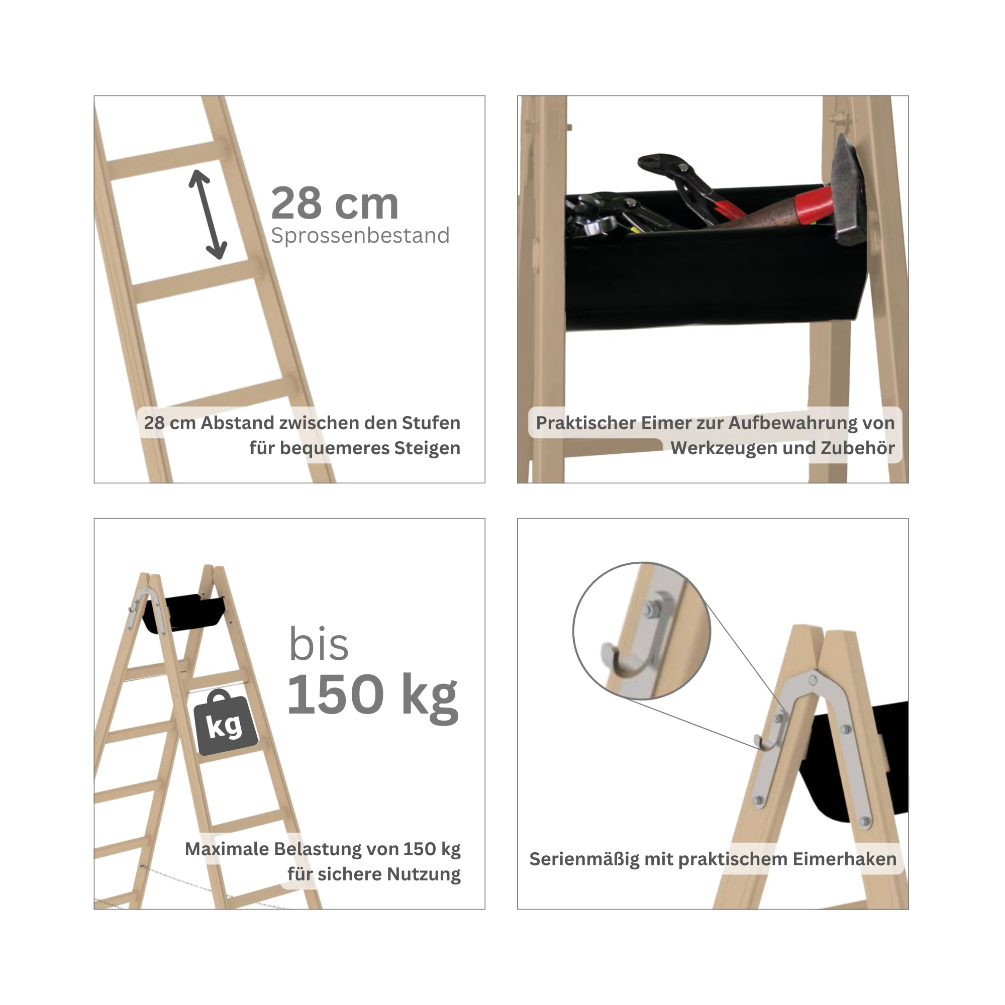 PROREGAL Escabeau en bois avec plateau à outils | 2 x 6 échelons | Échelle télescopique, escabeau, escabeau, échelle fixe, double échelons