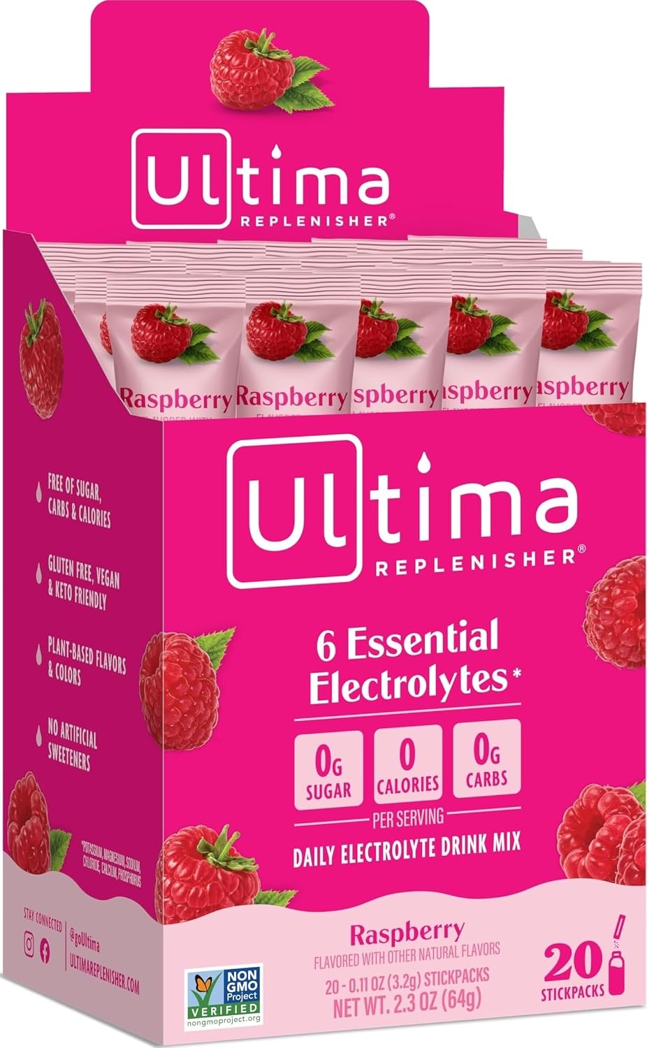 Ultima Replenisher, Electrolyte Hydration Drink Mix, Raspberry, 20 Count Stickpacks Box - Sugar Free, 0 Calories, 0 Carbs - Gluten-Free, Keto, Non-GMO, Vegan