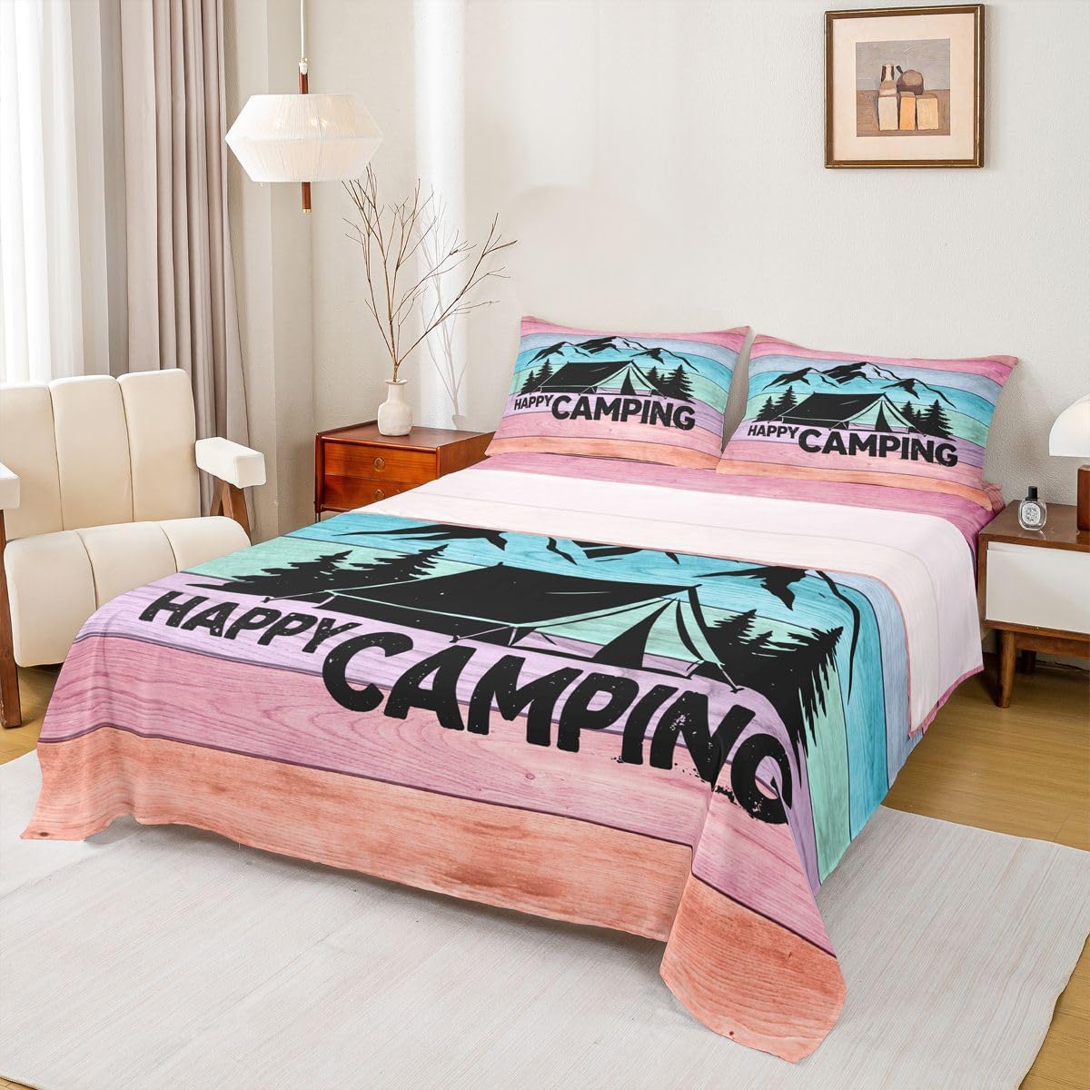 jejeloiu Happy Camping Bed Sheets Set Twin Size Camper Bed Set for Kids Boys Girls RV Camping Deep Pocket Fitted Sheet Wild Animal Breathable Soft Lightweight Microfiber