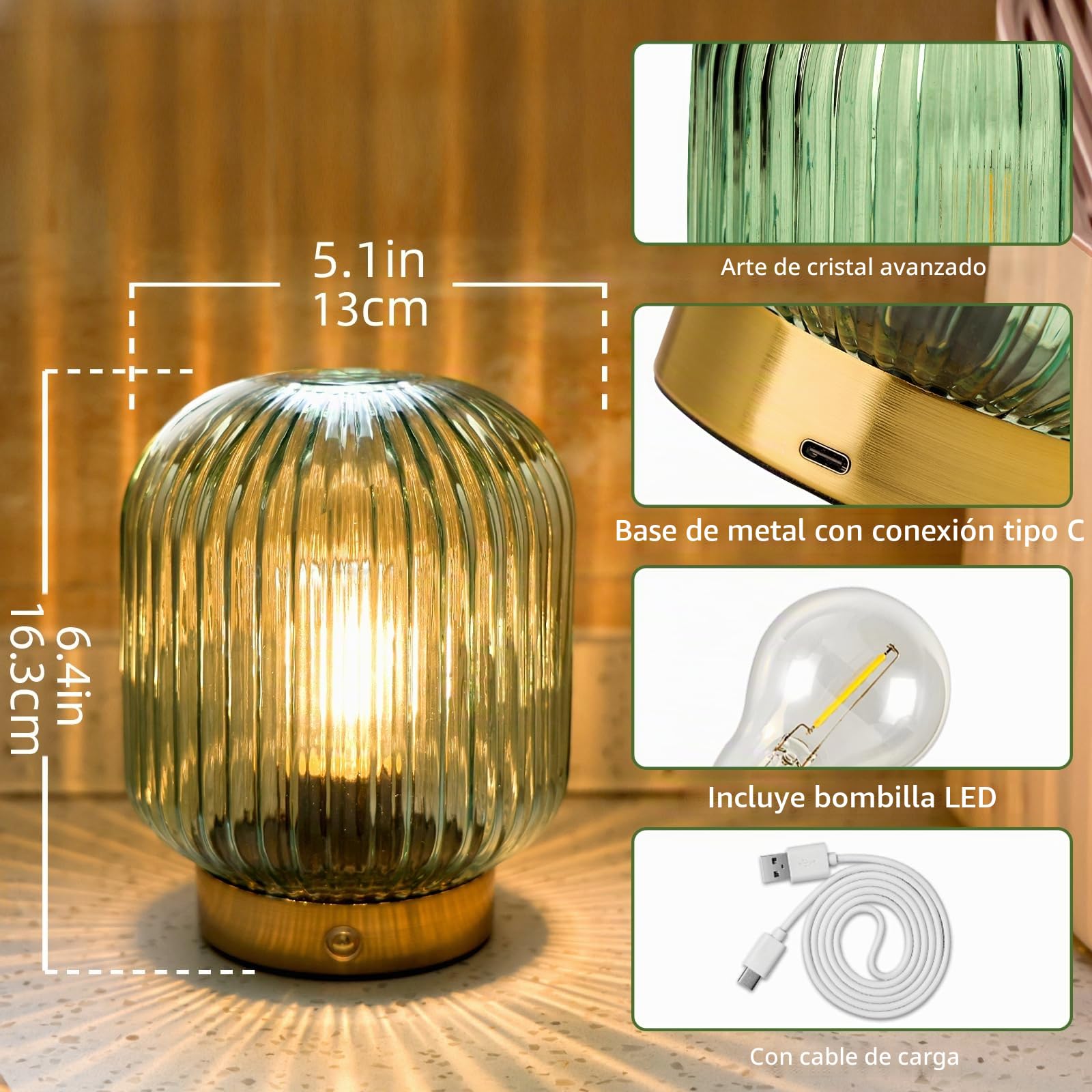 MJ PREMIER Lámpara de mesa recargable inalámbrica con pilas, luz de emergencia para cortes de energía, lámpara de acento de cristal regulable para entrada/escalera/baño/esquina