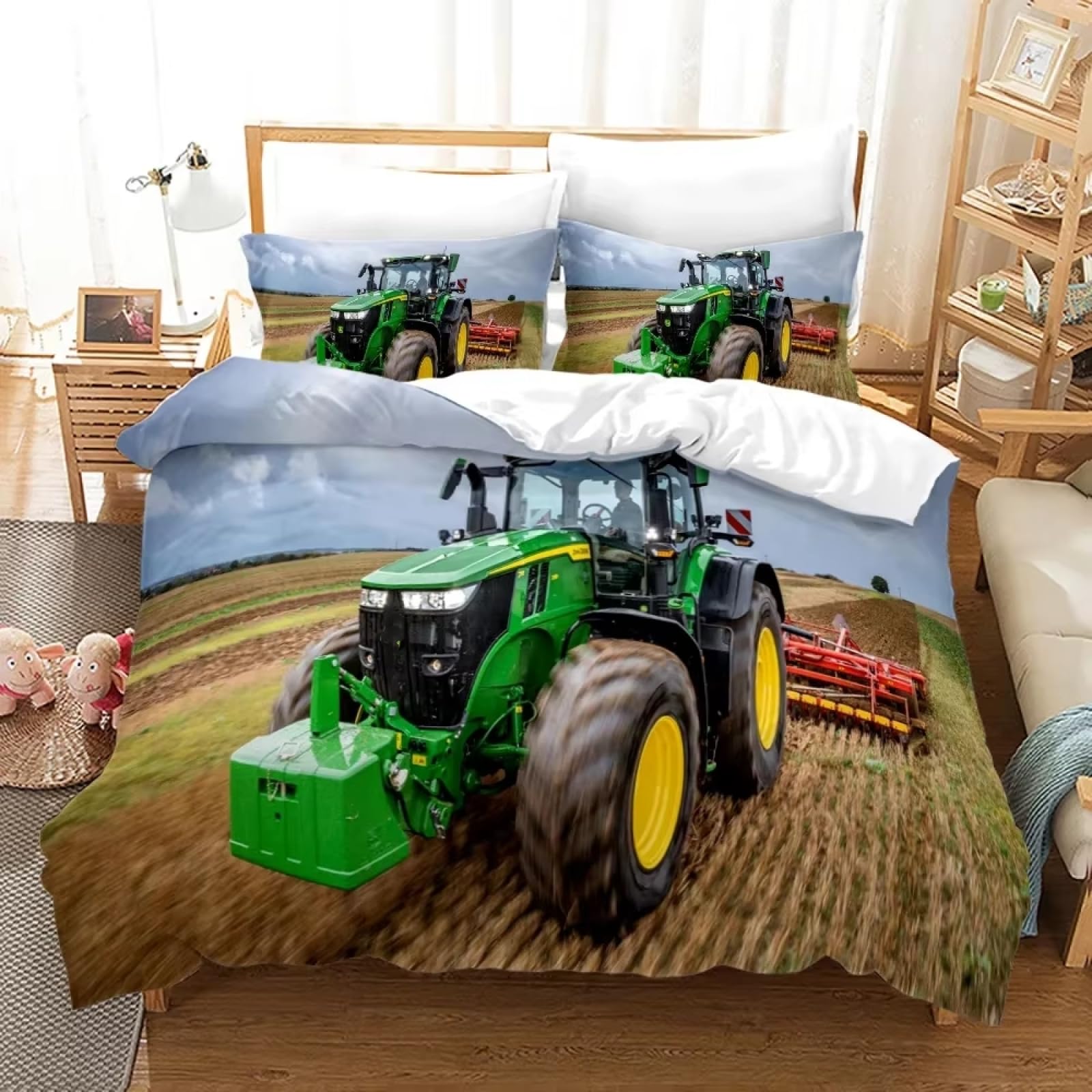 Bettwäsche 155x220 GrüNer Traktor Bettwäsche-Set mit Reißverschluss Schließung und 2 Kopfkissenbezug 80x80 cm - Weicher Atmungsaktive Mikrofaser Bettbezug für Kinder Mädchen