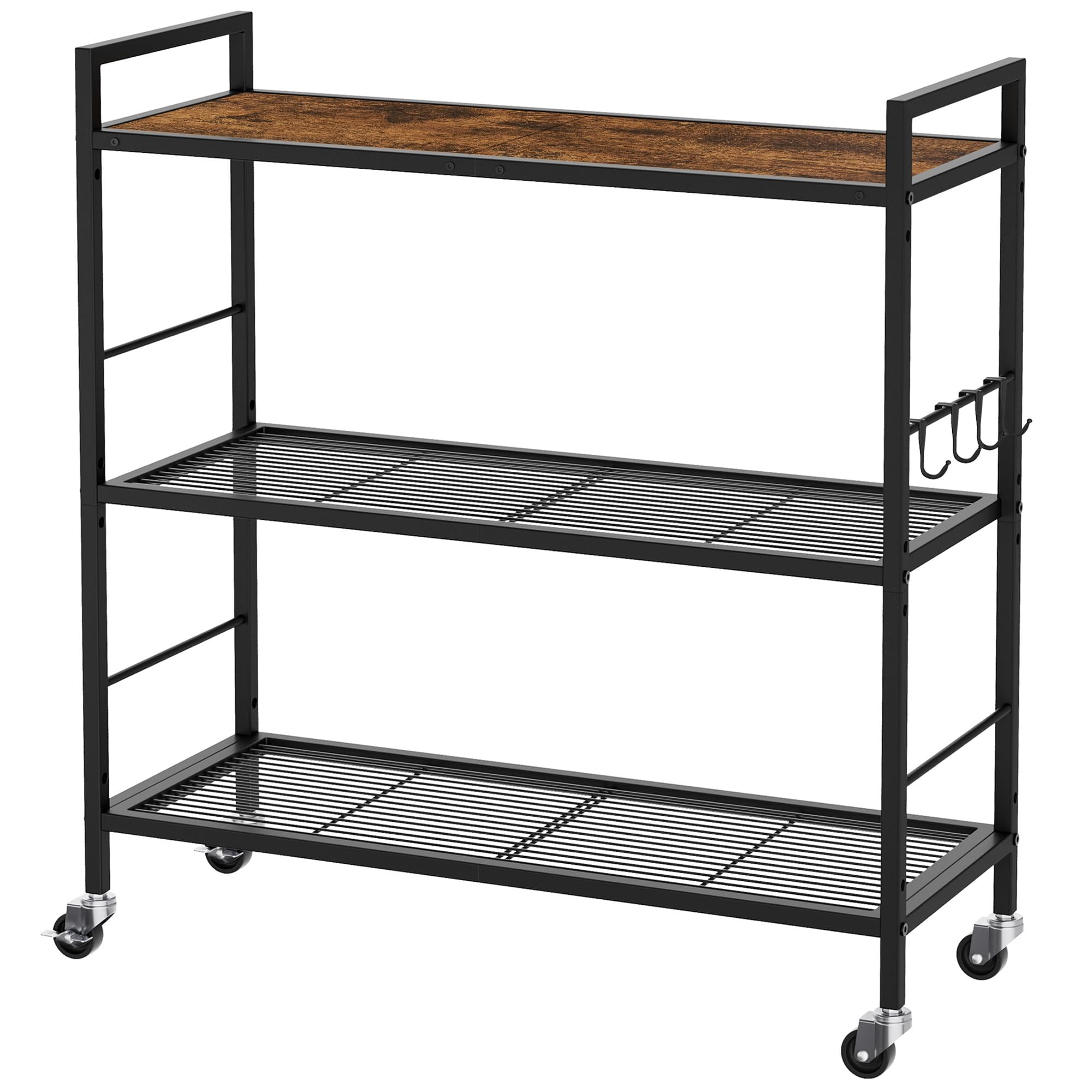 3-Tier kitchen trolley,Brown Wood Top,80W×30Dcm,4 Hooks, Adjustable Shelves