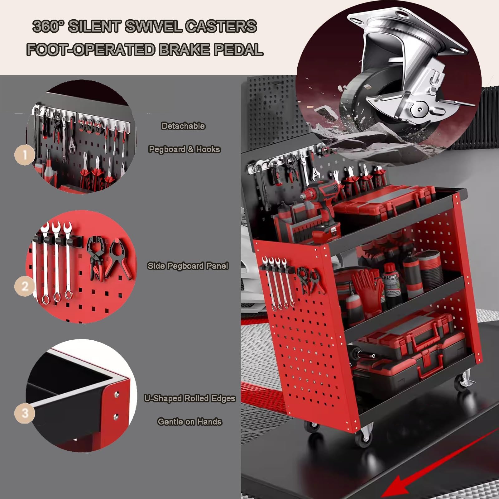 Carrito Herramientas 3 Niveles Panel Perforado, Carro Taller Acero Al Carbono Ruedas Silenciosas 360°, Organizador Herramientas Multifuncional Y Estación Trabajo Móvil(G-80x35.5x106.5cm)
