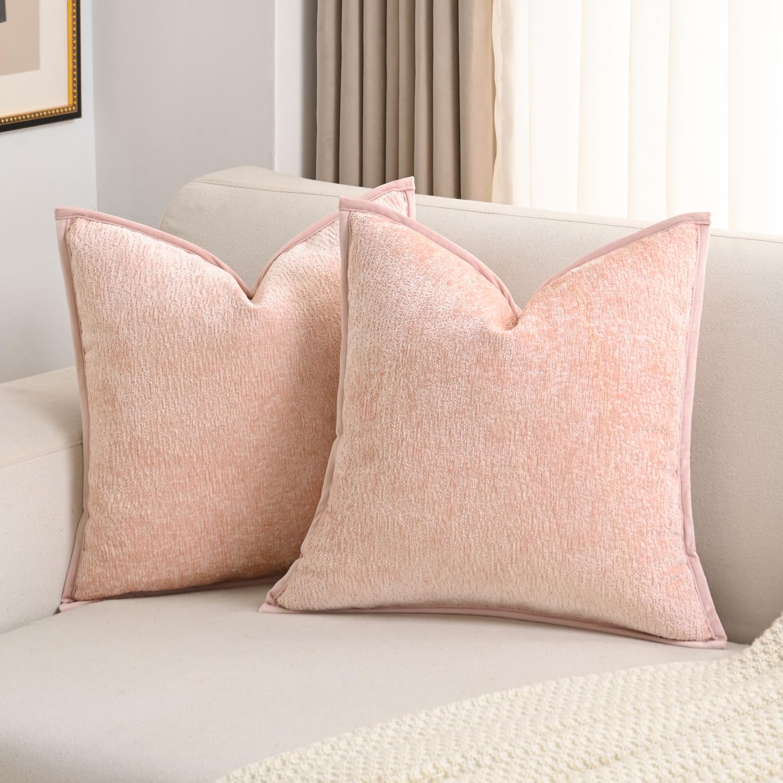 FUTEI Valentine's Day Pink Chenille Throw Pillow Covers 16x16 Inch Set of 2,Soft Cozy Bound Edge Design Cushion Case,Home Decor for Couch Bed Living