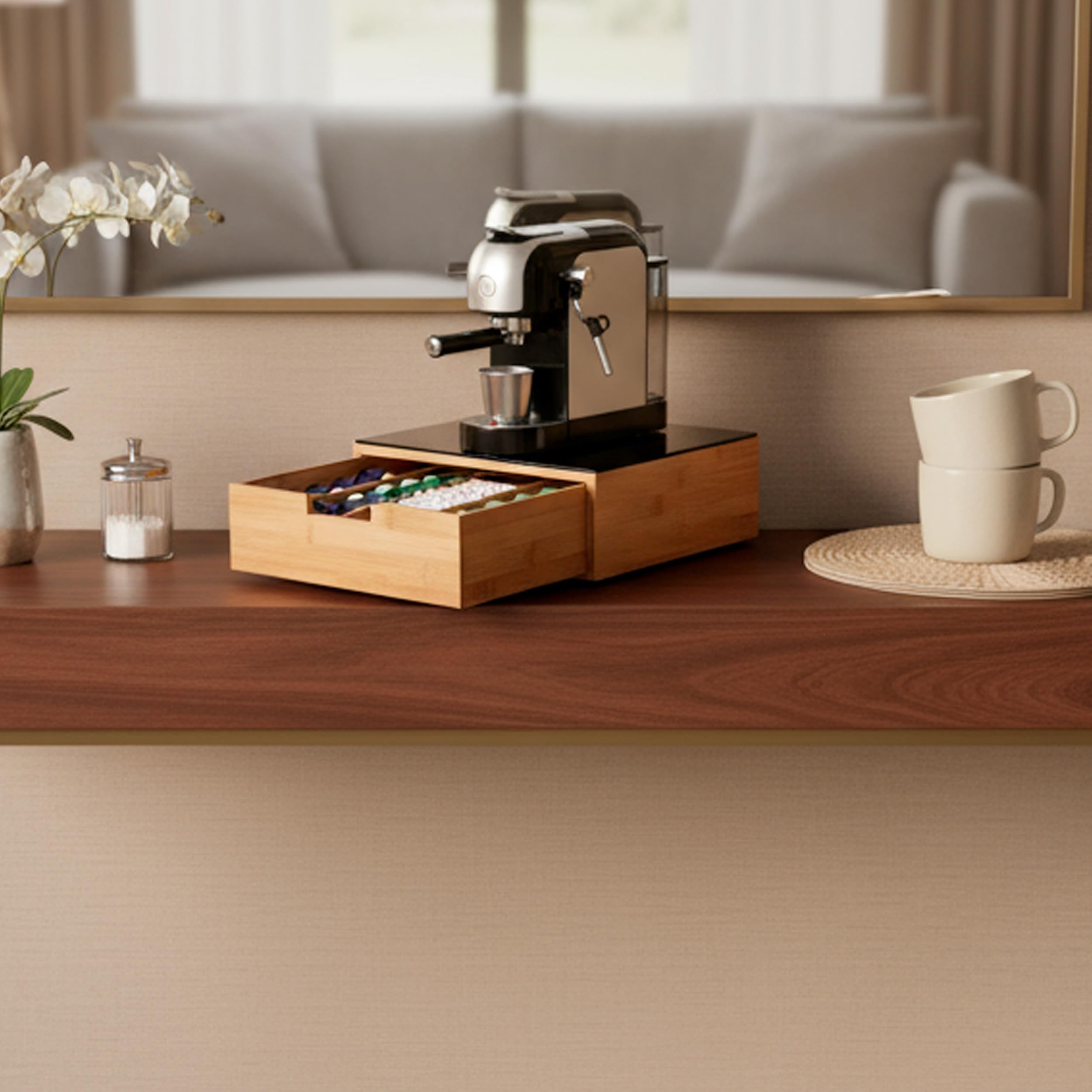 Porta Cialde In Bambù Con Cassetto 4 Scomparti Ripiano in Vetro Organizer Capsule Caffè Cialde Bustine Tè Tisane Zucchero Design Elegante per Cucina e Ufficio 30 x 30 x 10 Cm Marrone