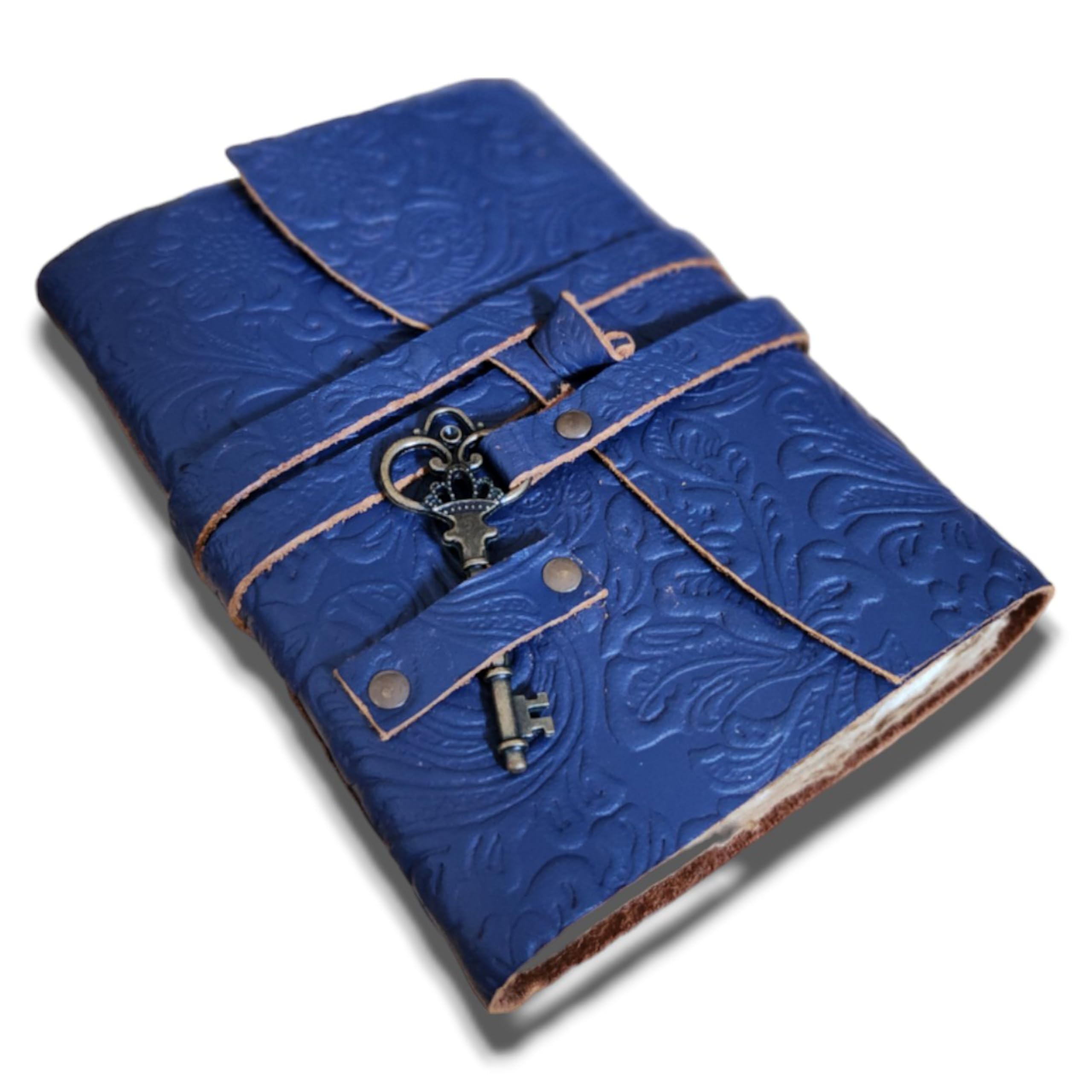 Finun-Lthr Vintage Key 8x6 Inch Leather Journal Sketchbook Notebook Guestbook Travel Journal for Women and Men 200 Vintage Deckle Page (Blue)