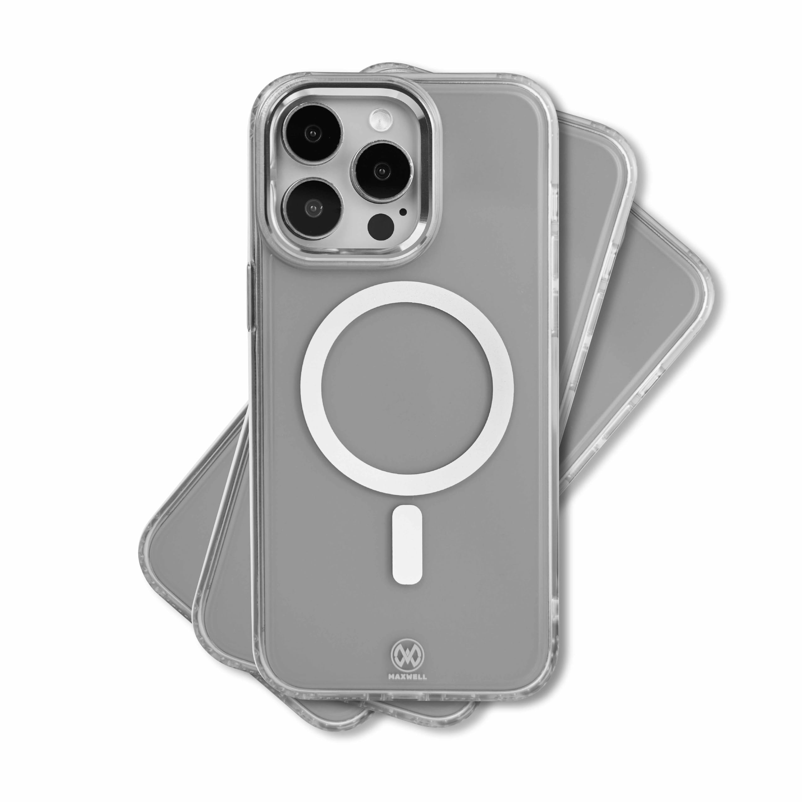 MaxwellCrystalline Compatible with MagSafe Case for iPhone 15 Pro Max - Clear Drop-Proof Protective Cover with Metallic Camera Lens Protection, Wireless Charging Compatible (Gray)