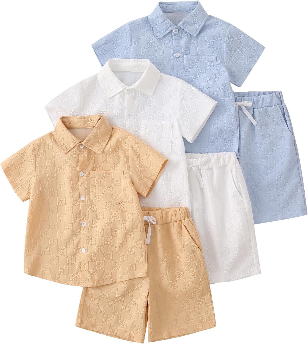 Boys 6PC Outfits Sets Textured Short Sleeve Button Down Shirts and Shorts Clothing Set 4-12Y