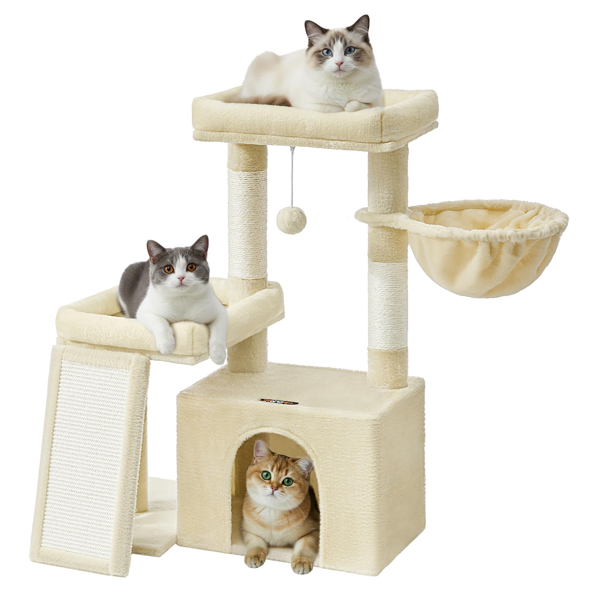 Feandrea Albero per Gatti con 2 Letti Grandi, Tiragraffi con Pali e Rampa Graffiatoio, Alto 85,8 cm, Beige Sabbia PCT013LF01