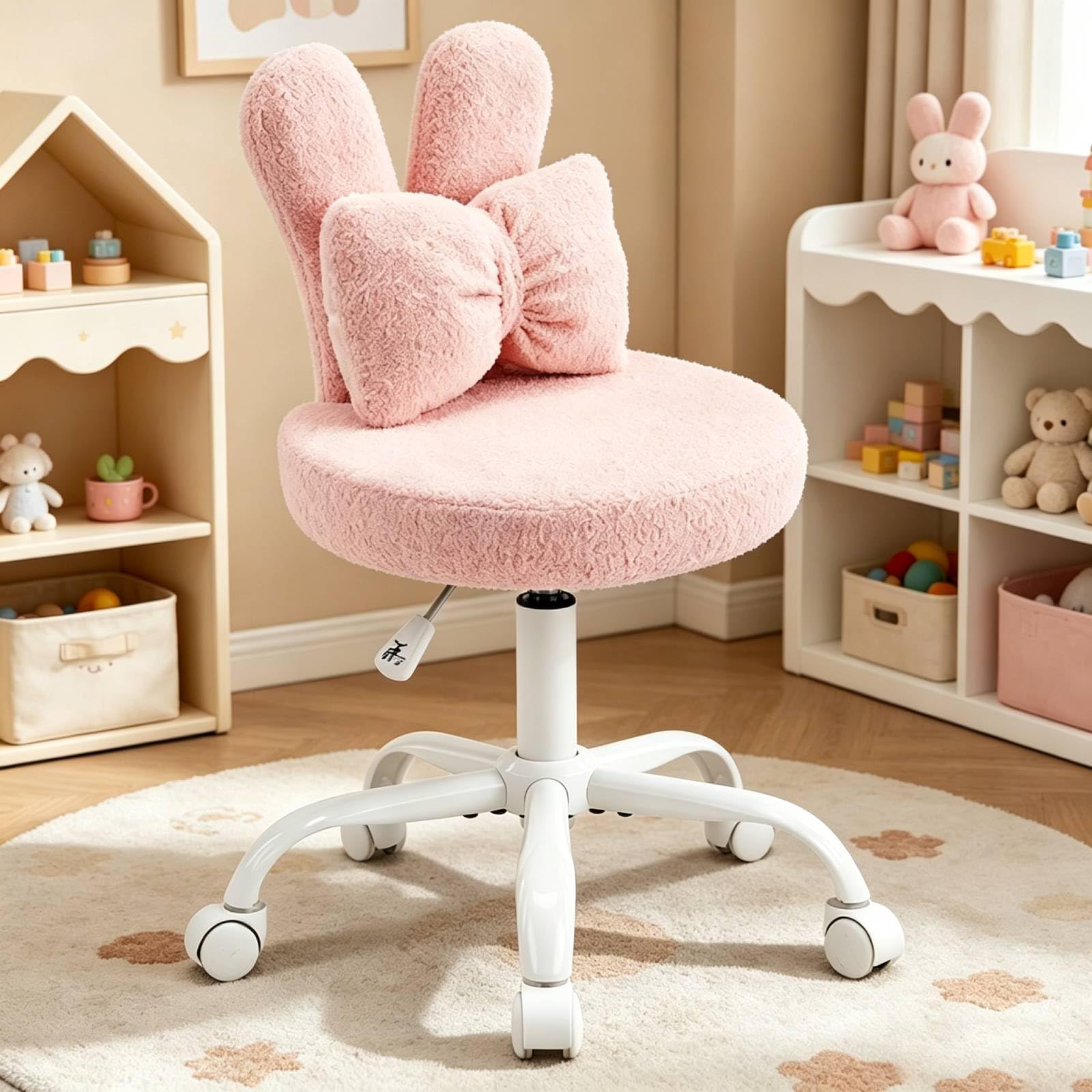LEADZM Silla giratoria de oficina, silla de oficina infantil, rosa | con cojín lumbar tejido aterciopelado, ajustable en altura, silla de dormitorio