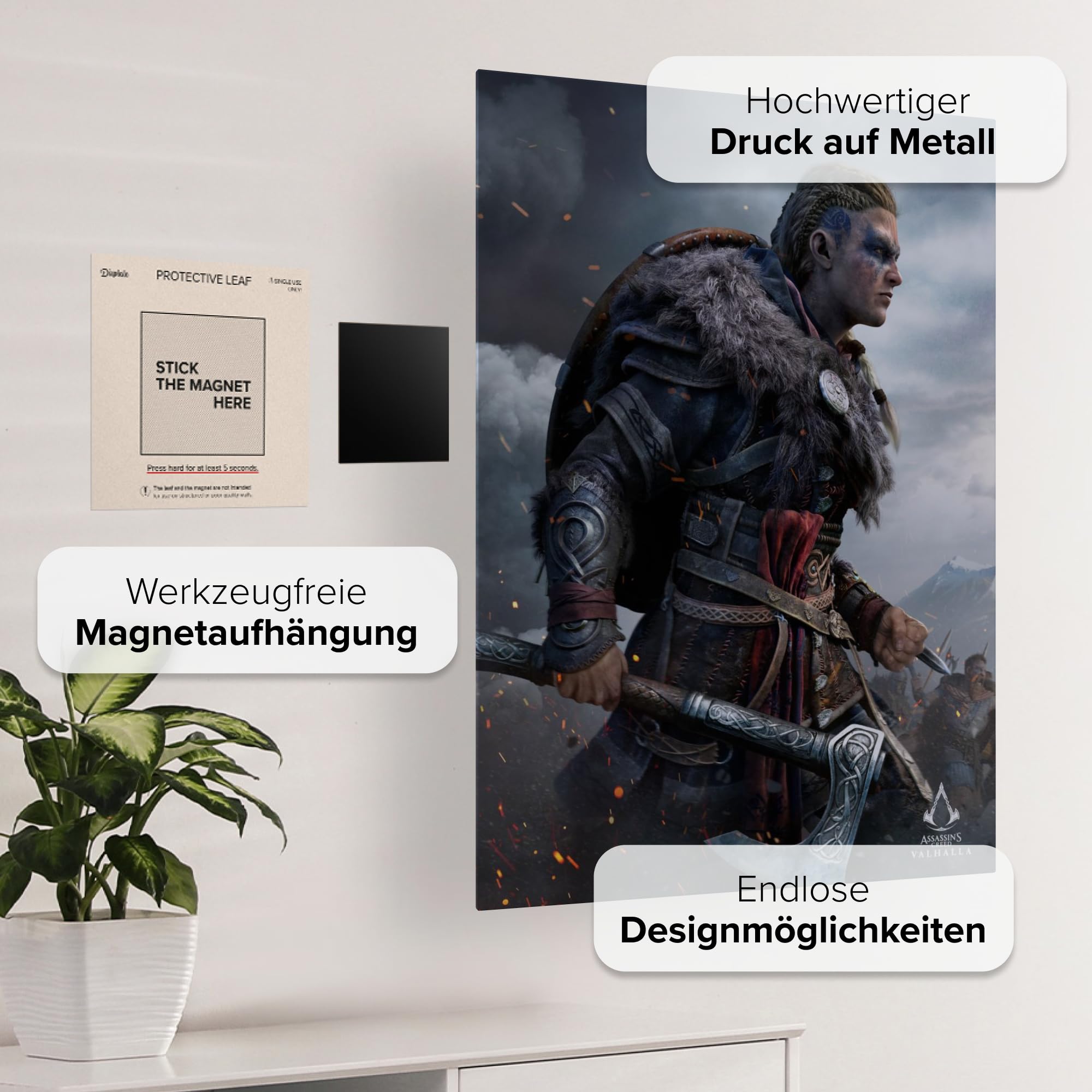 Displate - Poster aus Metall - Einfache Montage ohne Bohren - Assassin's Creed - Assassin's Creed Valhalla Key Arts - Valhalla Viking - Größe M - 32 x 45 cm Matt