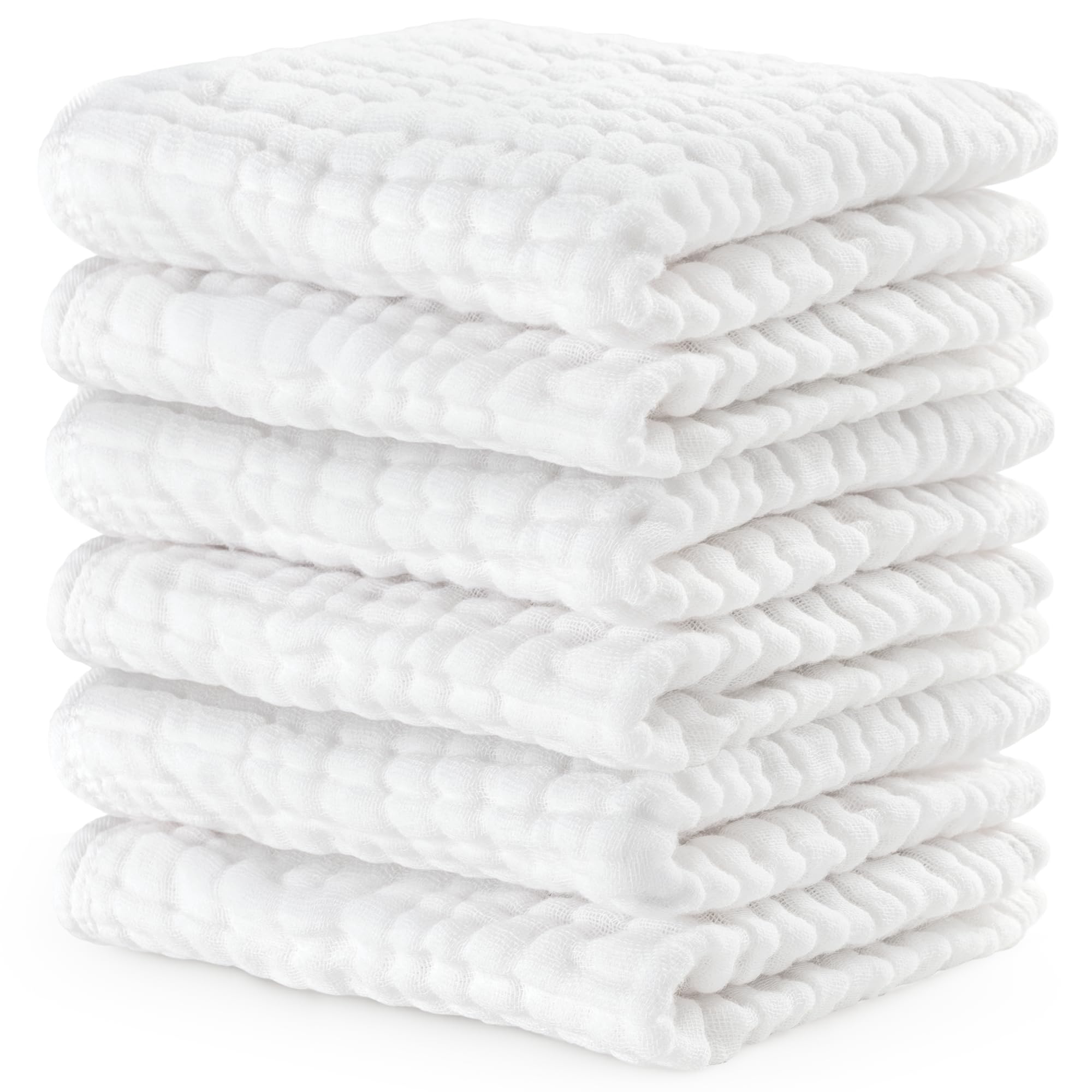 Baby Washcloths, Muslin Cotton Towels, Large 10”x10” Wash Cloths Soft on Sensitive Skin, Absorbent for Boys & Girls, Newborn Baby & Toddlers Essentials Shower Registry Gift (White, Pack of 6)