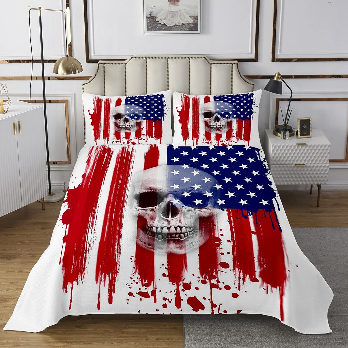 Kołdra z motywem trupiej czaszki, flaga amerykańska, gotycki szkielet, zestaw pościeli dla dzieci i chłopców, do sypialni, prezent, Blue Stars Art flaga USA, poliester, pikowana, 2 sztuki, 170 x 210
