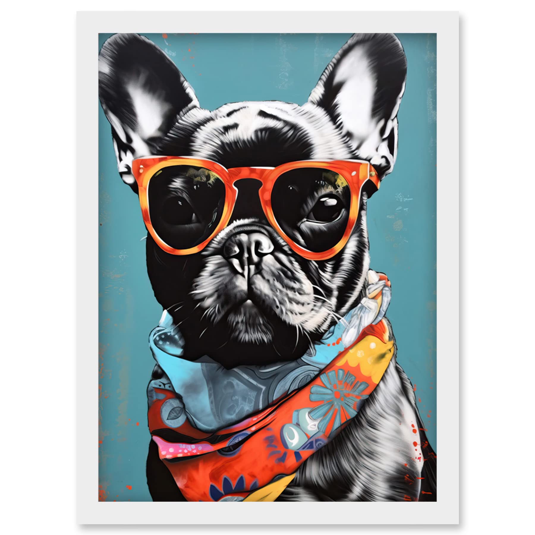 Artery8 English Bulldog Wearing Bandana and Sunglasses Artwork Framed Wall Art Print A4