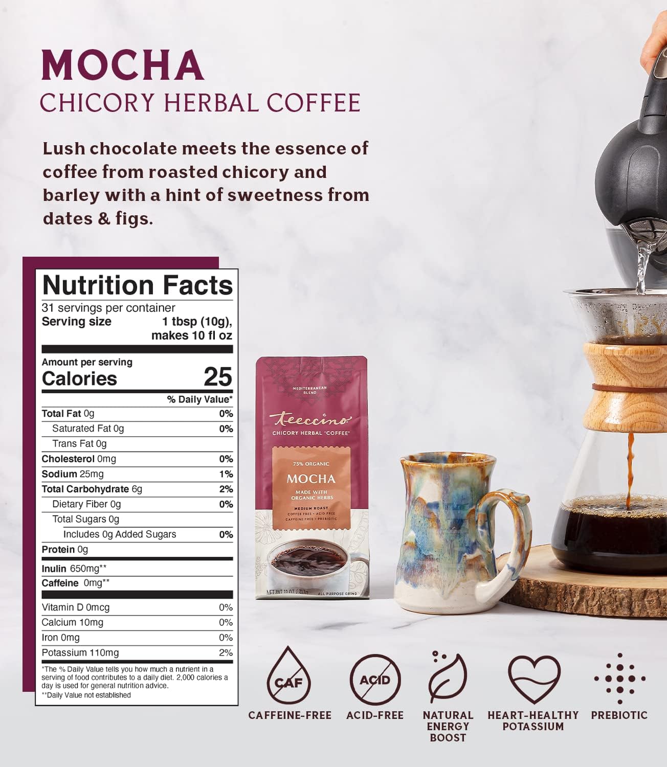 Teeccino Mocha Herbal Tea & Chicory Coffee Alternative Bundle Collection, Caffeine-Free & Acid Free, Prebiotic for Natural Energy image 4
