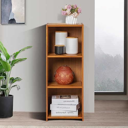 Miniatura 4 de Magshion Estantería estrecha de 3 niveles, estantería pequeña color marrón, estante de torre multimedia, gabinete de almacenamiento delgado de