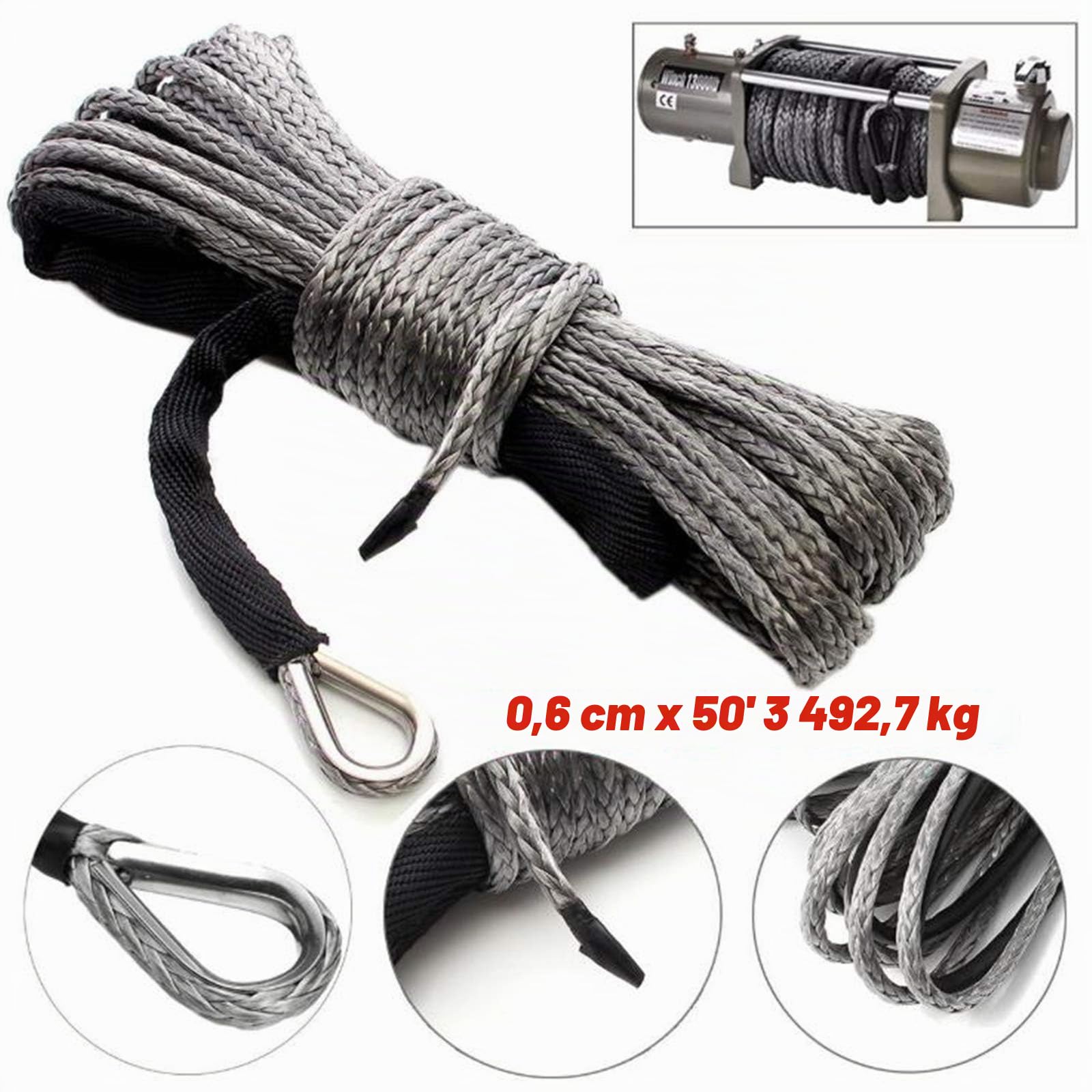 Corde synthétique de 6 mm x 15 m avec gaine universelle pour ATV UTV Offroad Camion Résistance à la rupture