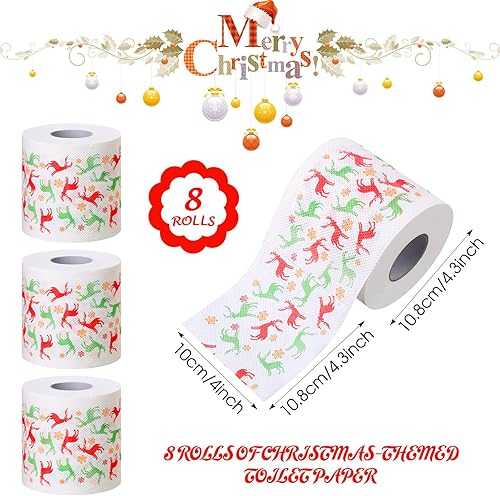Miniatura 5 de Patelai 8 piezas de papel higiénico de Navidad a granel de rollos de papel higiénico de colores, renos, divertido papel higiénico para regalo de