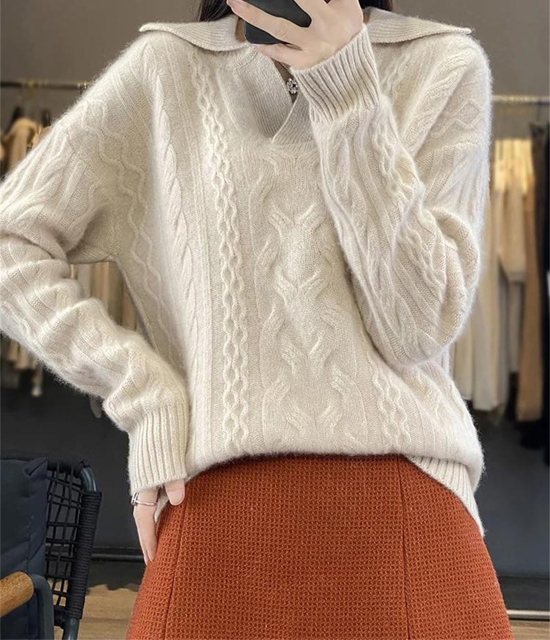 Maglione da donna Inverno Fiore Intrecciato Girare giù Collare Pullover Lana Merino Spessore Femminile Maglione Maglieria Top