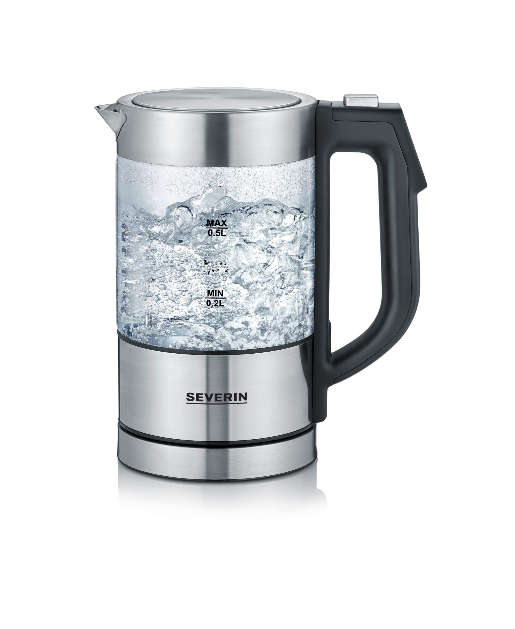 SEVERIN Bouilloire en verre 100% sans BPA, 1 100 W, Petite bouilloire réglable par palier de 5°C, Capacité : 0,5 L, Fonction Maintien au chaud, Bouilloire électrique compacte, verre/inox, WK 3458