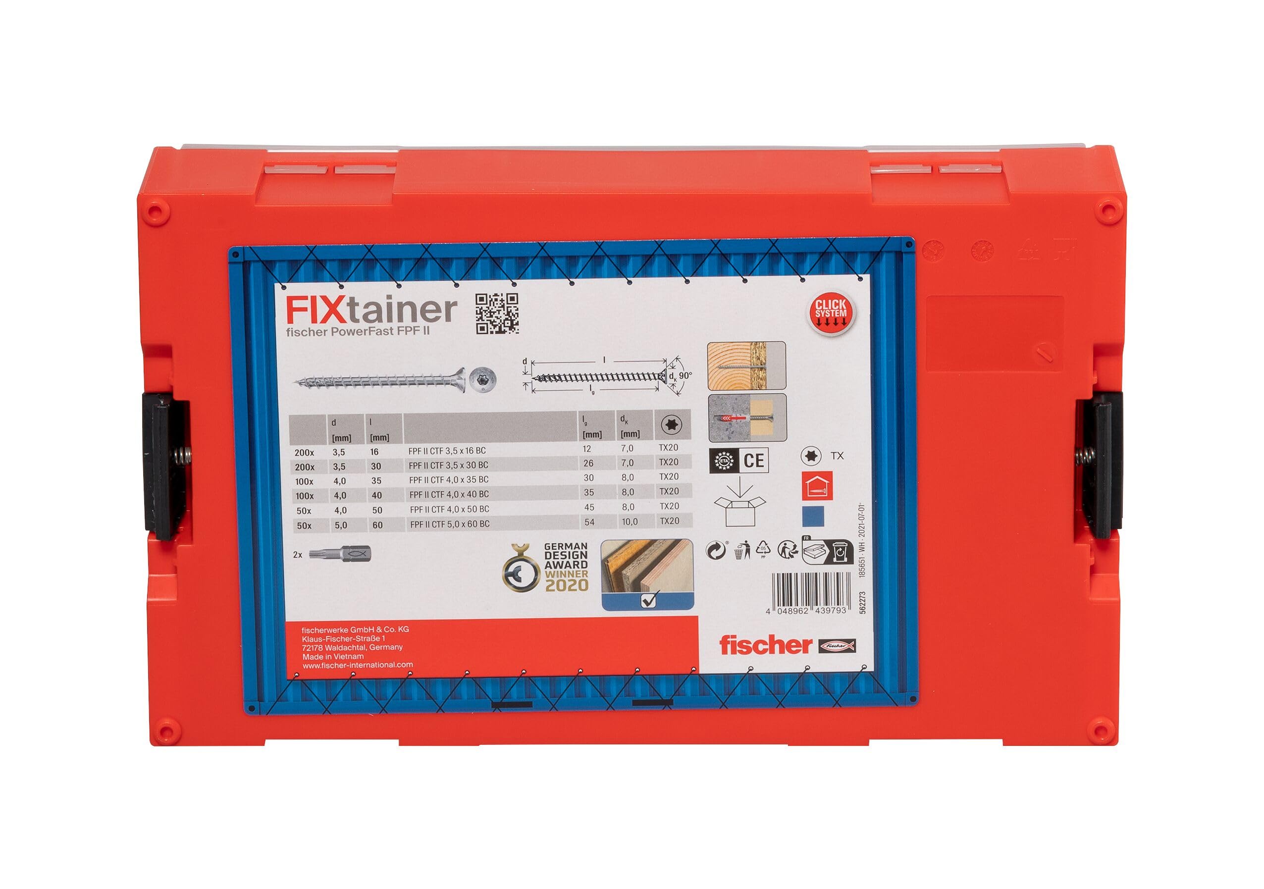 Fischer FixTainer 700x Viti per Legno Torx PowerFast FPF II CTF, Include 2 Inserti per Avvitatore, Filetto Totale, Autofilettanti, Testa Svasata, 562273