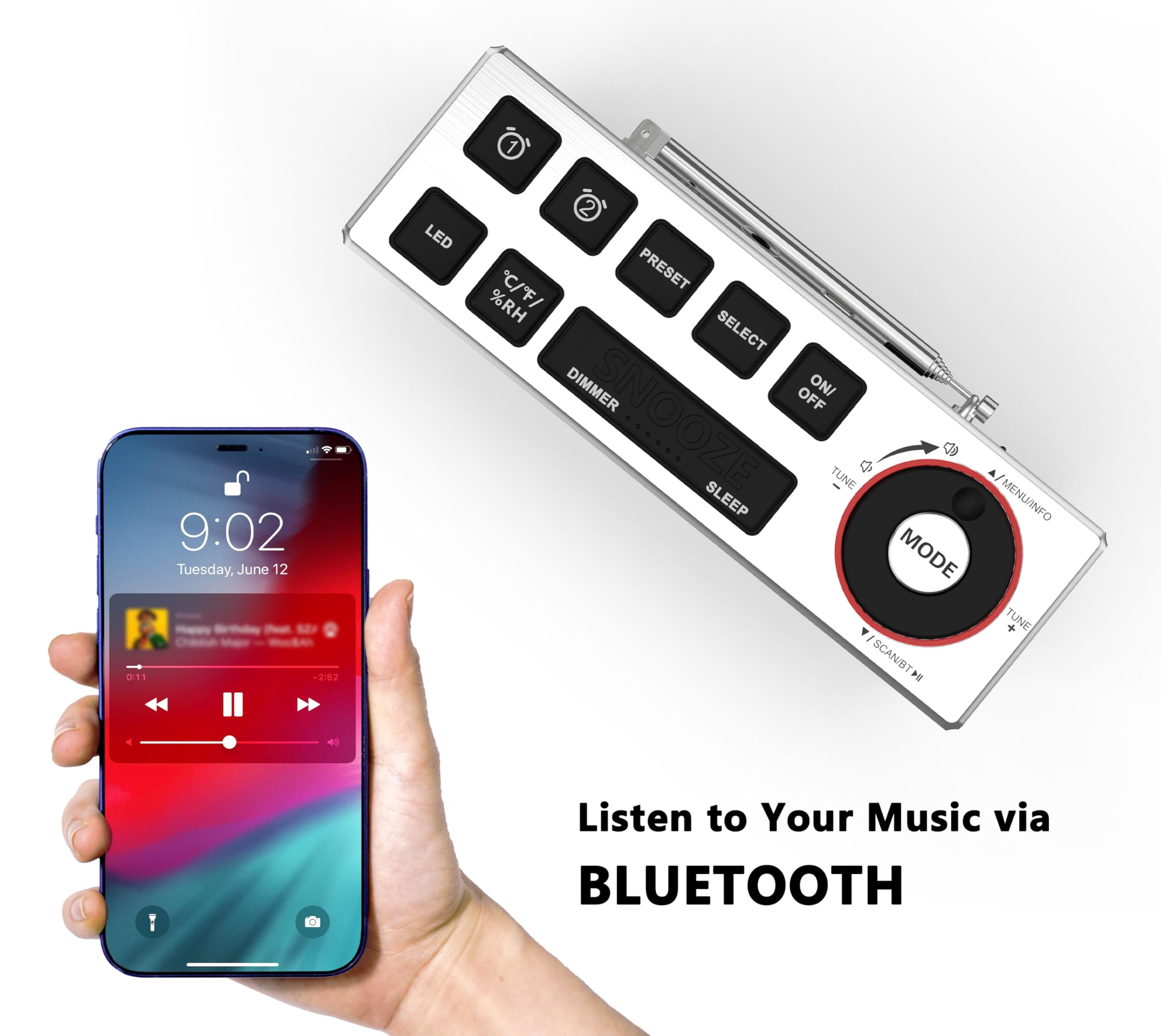 Radio despertador DAB+ y FM con Bluetooth, 40 preajustes, auriculares, alarma dual con repetición y temporizador de sueño, dos puertos de carga, regulable, indicador de humedad de temperatura