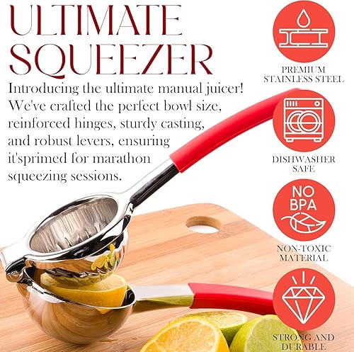 Miniatura 5 de Exprimidor de acero inoxidable - Prensa de jugo de cítricos de metal, prensa de jugo de fruta de lima con mango de silicona, exprimidor manual