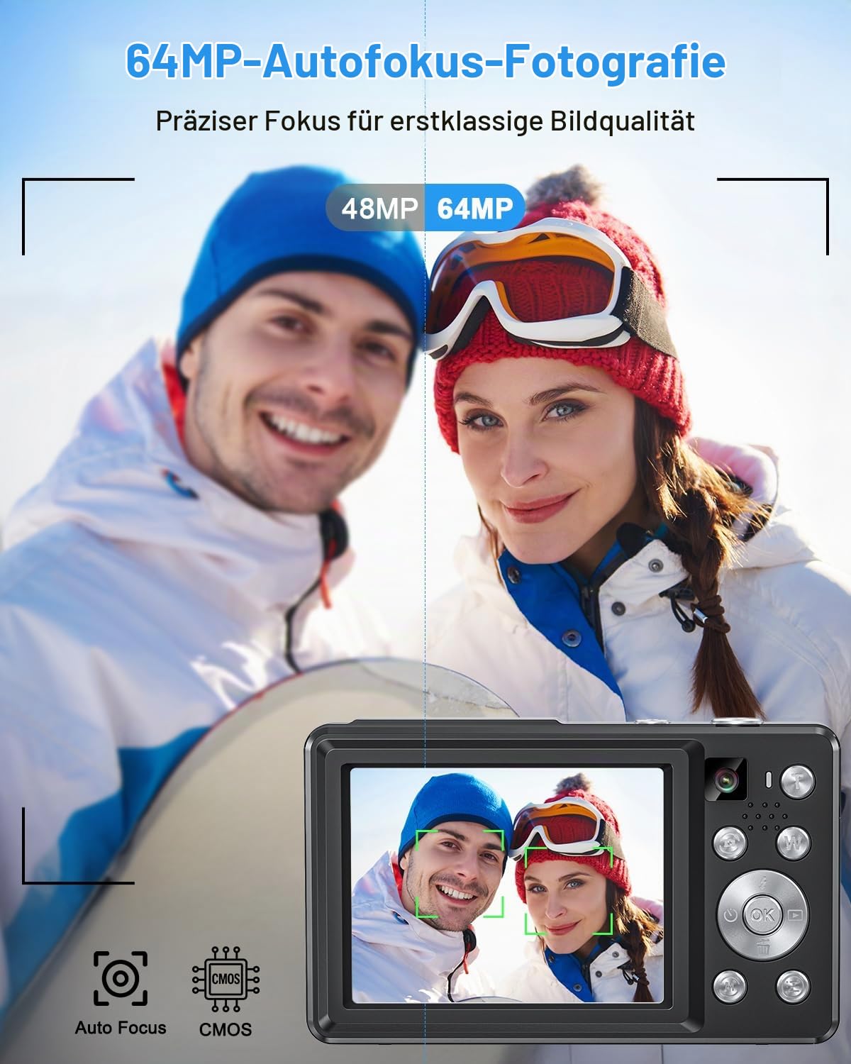Digitalkamera 4K 64MP Fotokamera Fotoapparat Doppelkamera mit Autofokus, Blitz, 16X Zoom, Anti-Shake, 32-GB-Karte, kompakte Vlogging Kamera für Kinder Jugendliche‌ Erwachsene Anfänger Schwarz