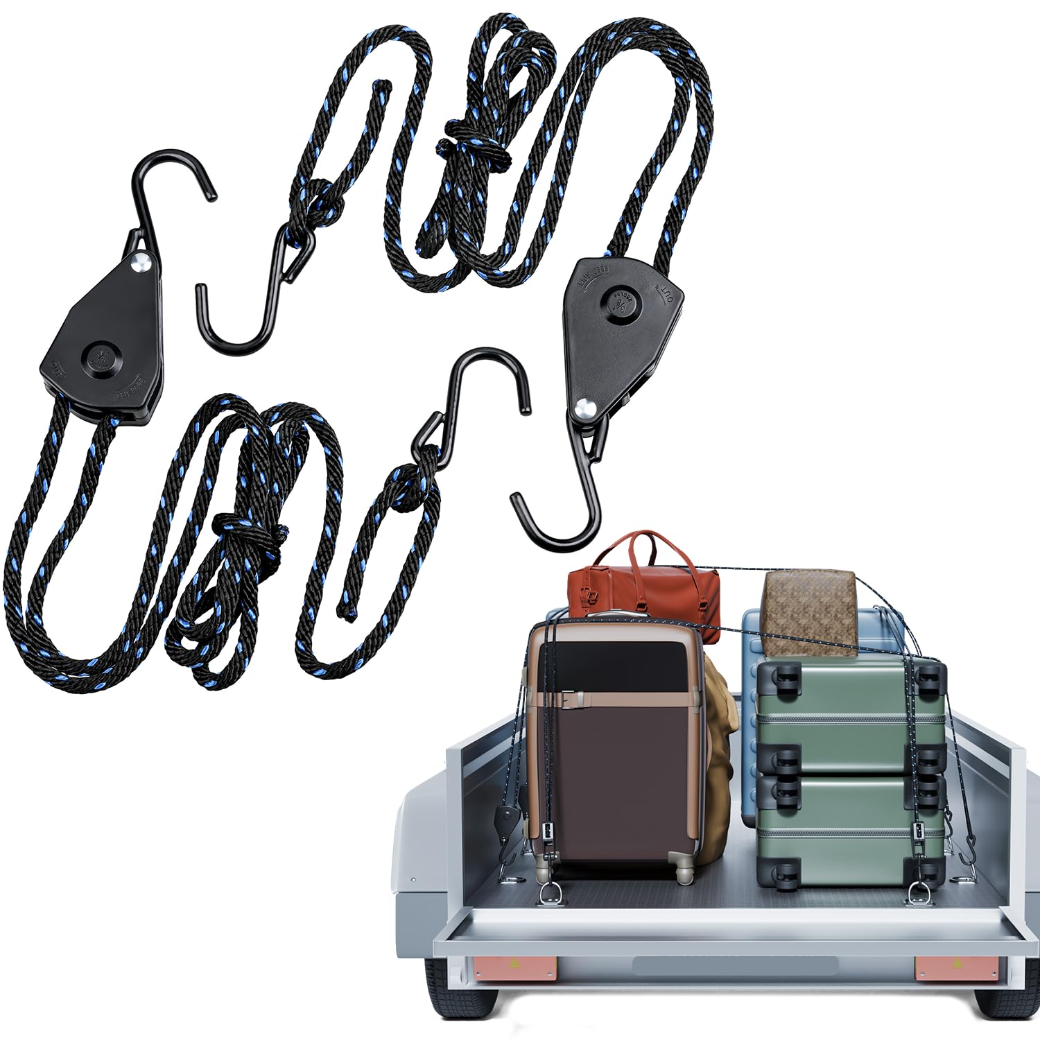 Lot de 2 poulies de 3/8" - Tendeur de câble robuste - Avec 2 cordes de 2,3 m - Charge maximale : 113 kg - Parfait pour l'extérieur, le camping, les bâches, les auvents et l'atelier
