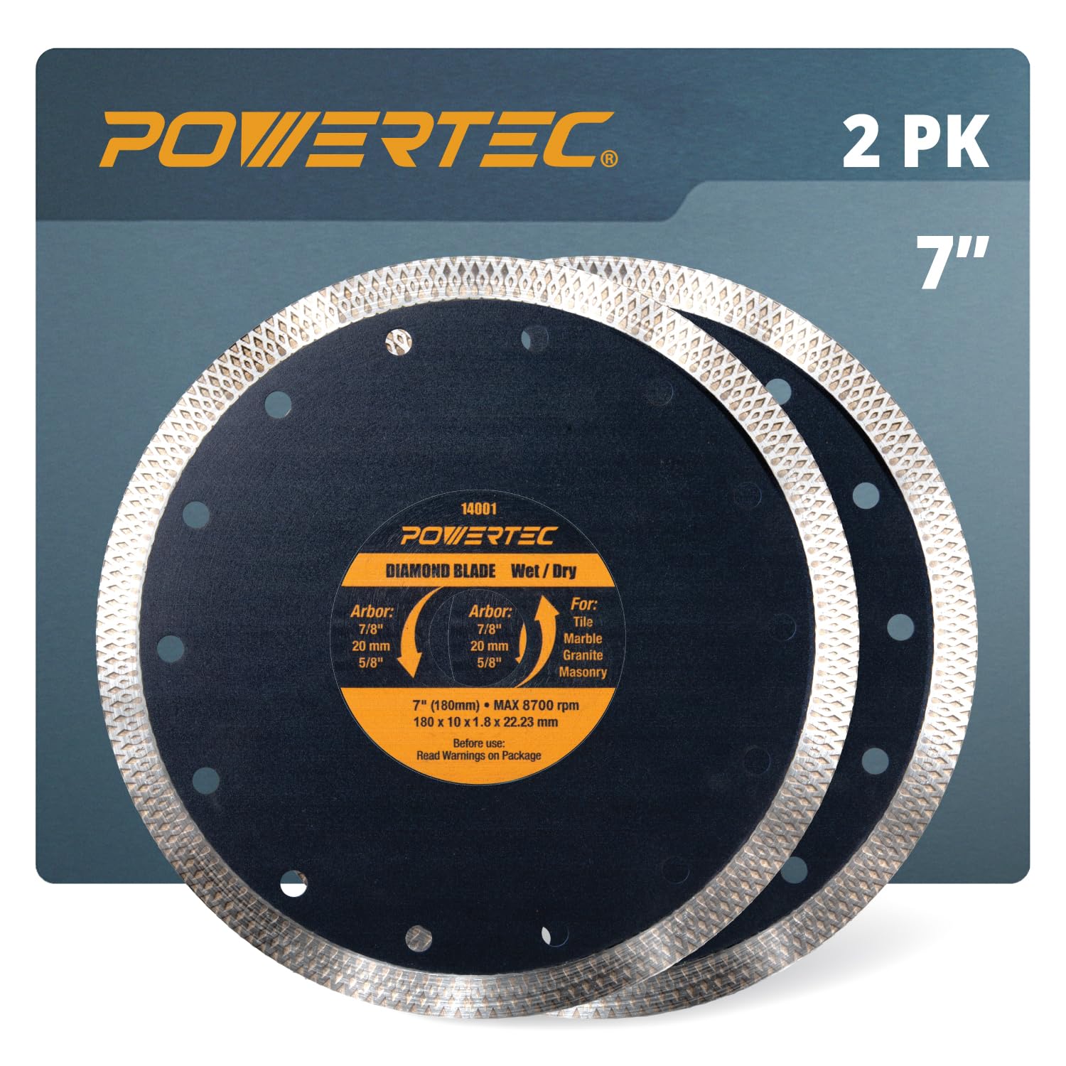 POWERTEC Diamond Saw Blades 7 Inch 2 Pack, Tile Saw Blade Wet, Concrete Blade for Circular Saws, Super Thin Turbo Mesh Rim Blades Cutting Porcelain, Granite &amp; Ceramic Tile, Masonry, Brick - 14001-P2