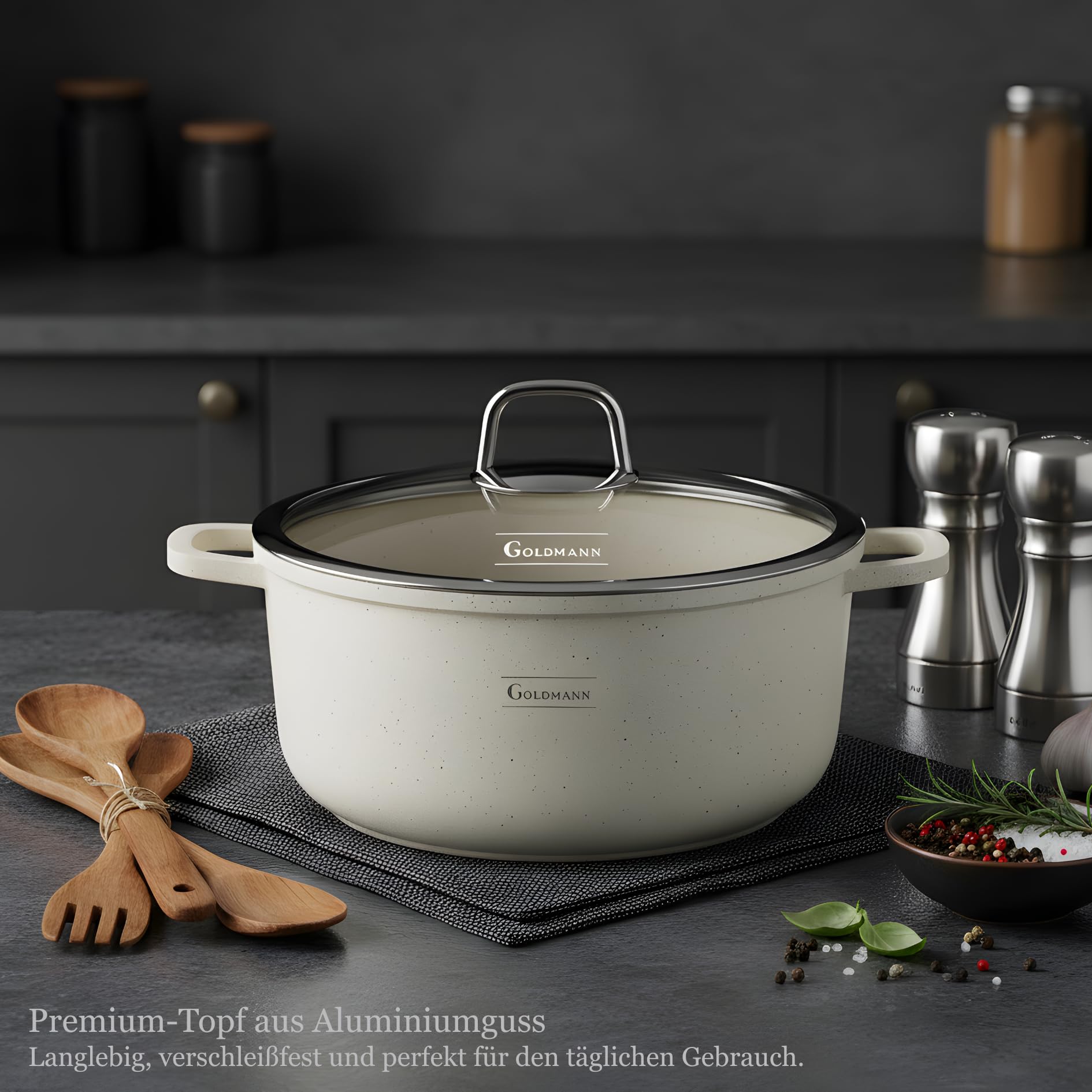 GOLDMANN Olla de Cocina de Aluminio Fundido con Tapa de Vidrio Selic, Revestimiento Antiadherente Cerámico Mármol Saludable & Apta para Inducción y Todas las Cocinas (Beige, 20 CM)
