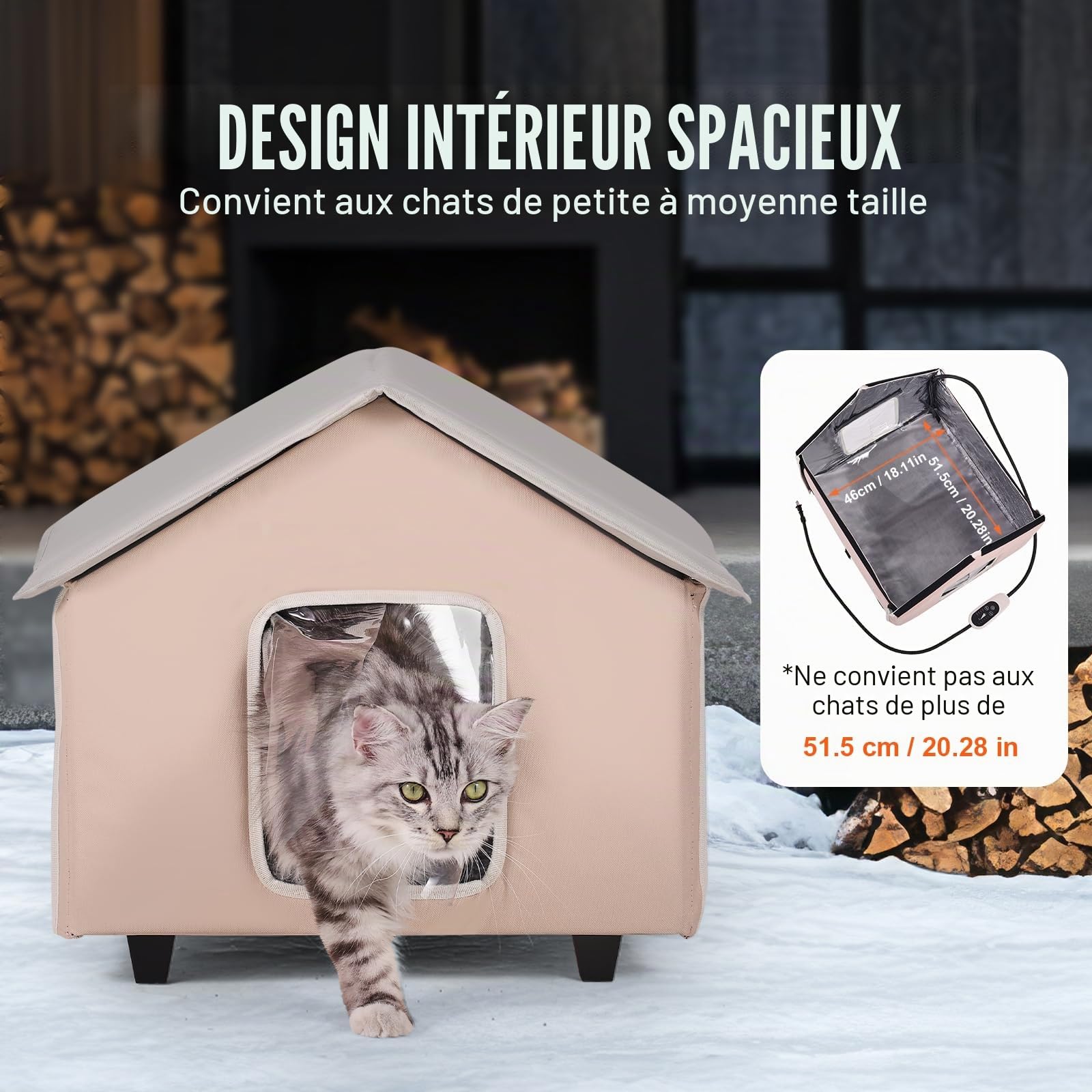 VEVOR Maison Chat Surélevée Chauffante, Niche Chat Extérieur avec Coussin Chauffant, Température Réglable, Minuterie, Abri Hiver pour Chats Pliable en Tissu Oxford 600D pour Rester au Chaud, Marron, M