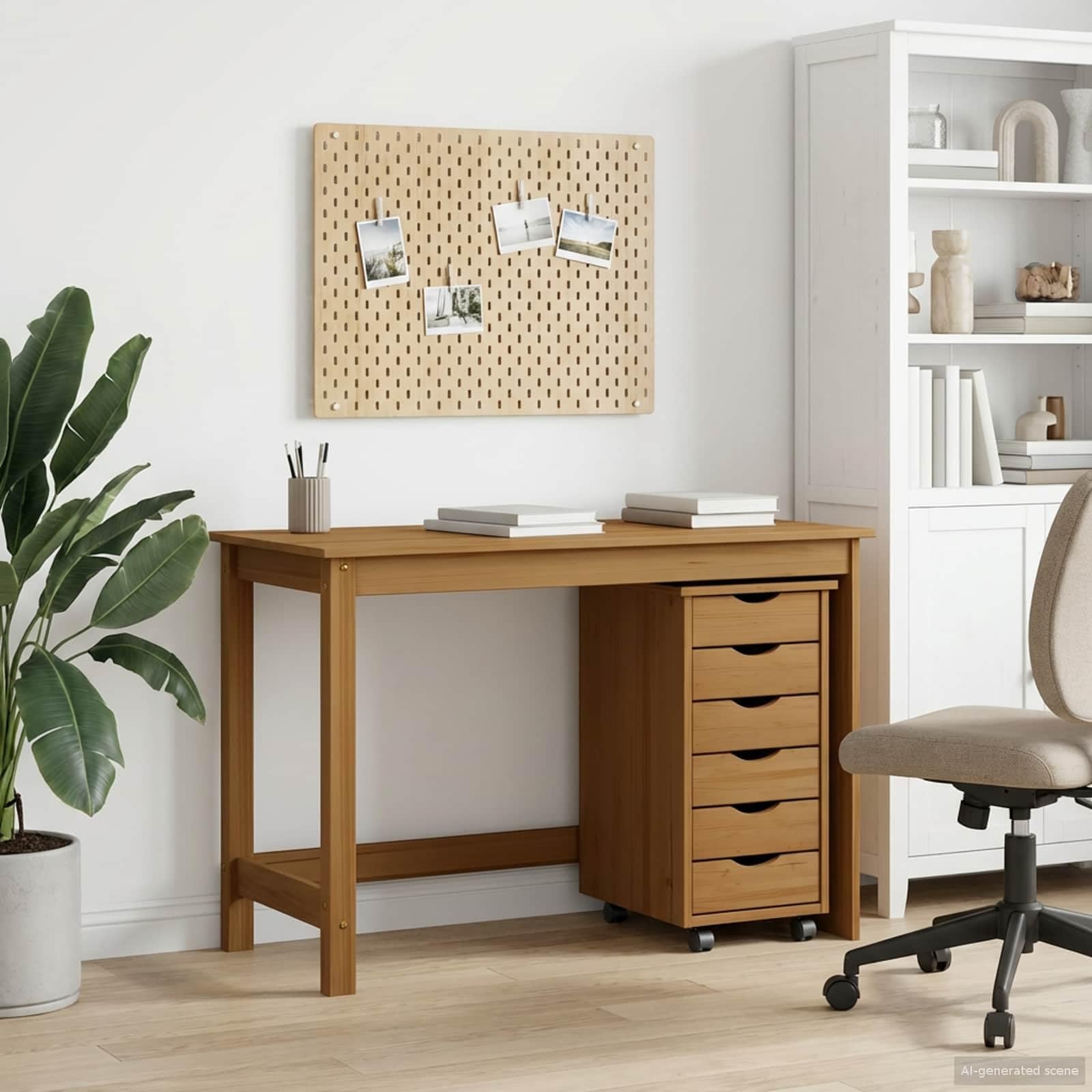 Moss Desk und Rollcontainer Set aus Massivholz Kiefer honigbraun, 2-teilig, 6 Schubladen, 4 Rollen, für Homeoffice, Arbeitszimmer, Stauraum für Dokumente und Zubehör