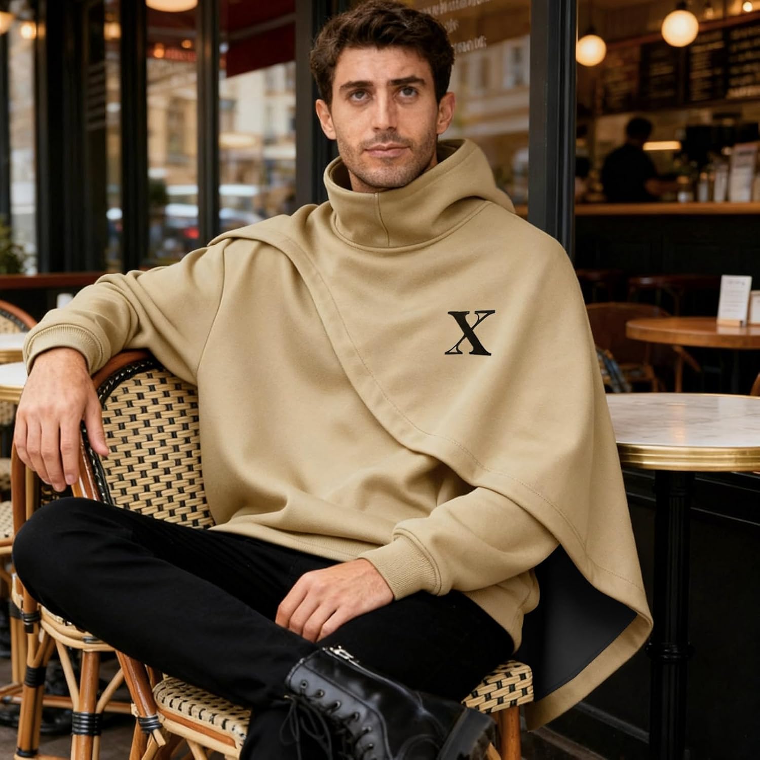 Men's Fashion Poncho Cape Cloak Hoodie Techwear Sweatshirts Unisex Lightweight Patchwork Hip Hop Casual Pullover