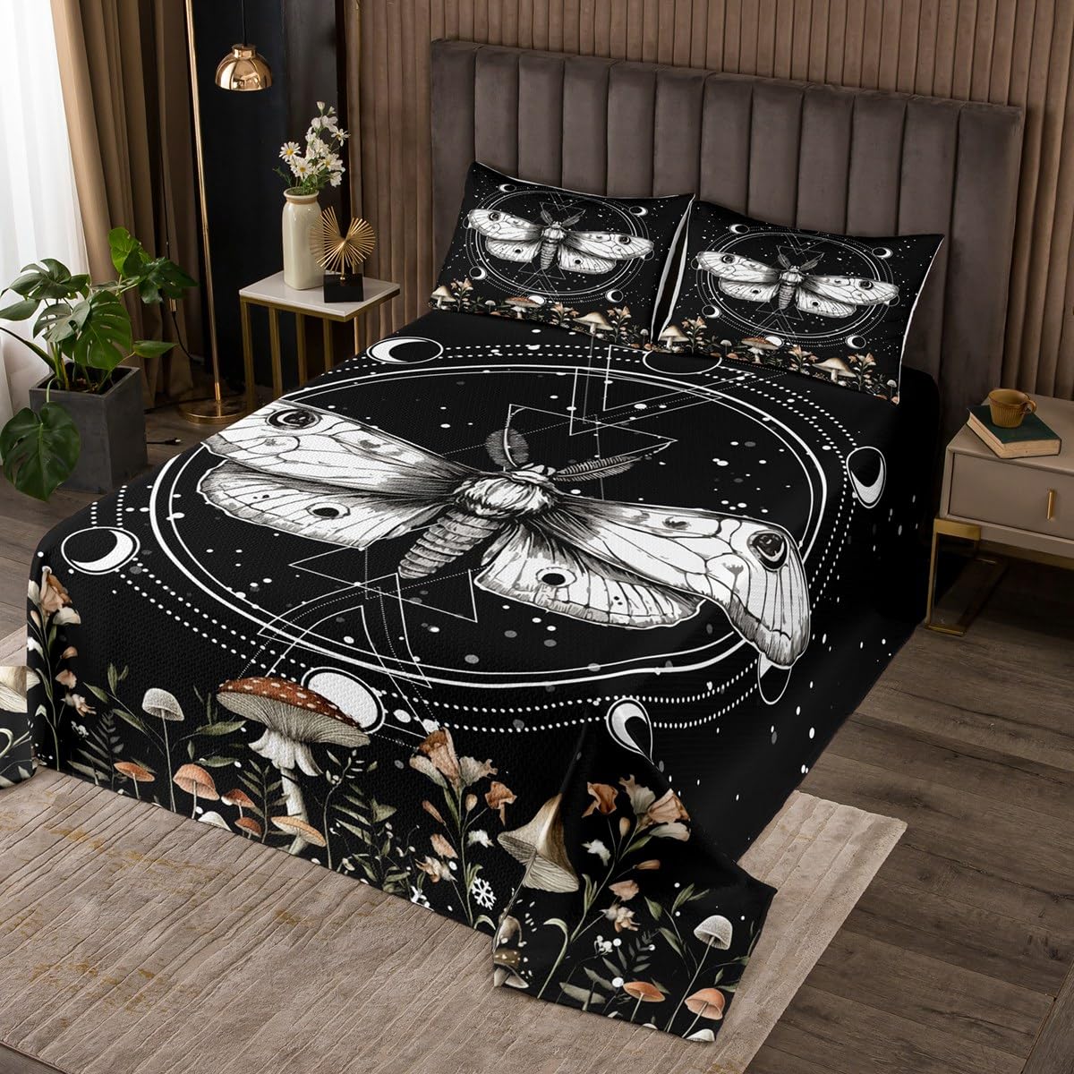 Bohemia Moth Bedspread Queen Size Exotic Constellation Coverlet Set Kids Room Present Mushroom Botanical Leaves Bedroom Decor Bedding Set Butterfly Animal Bedding with 2 Pillowcases