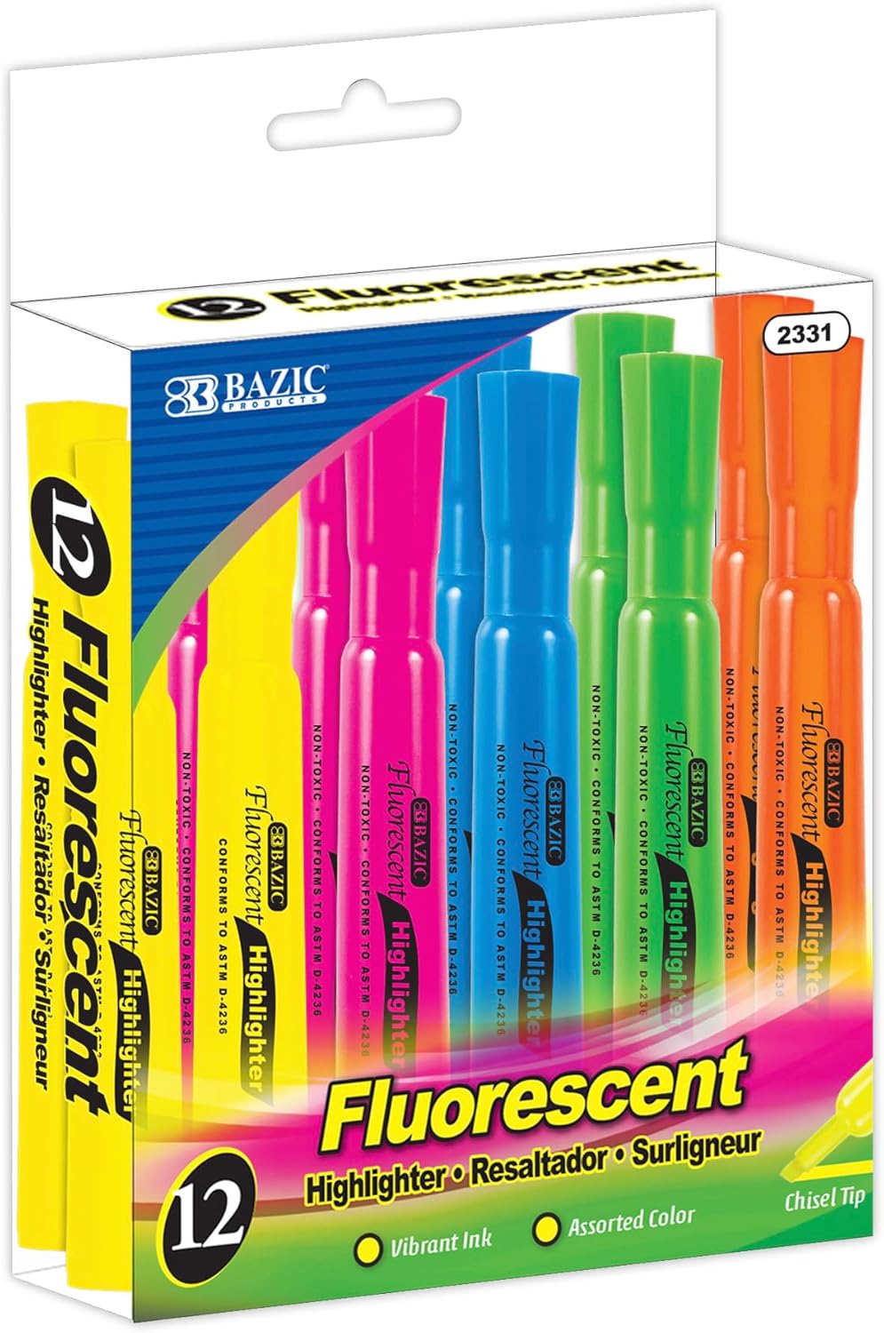 BAZIC Highlighter Assorted Color Desk Style, Chisel Tip Broad Fine Line Highlighters, Unscented Highlighting Coloring Marker (12/Pack), Total 144-Count